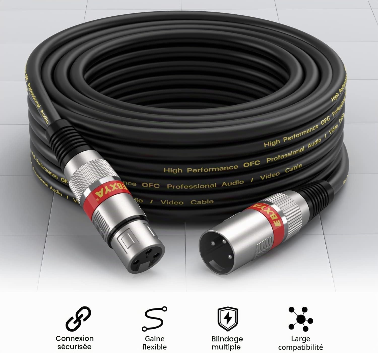 EBXYA Câble Microphone Pack de 4 5M XLR Mâle vers Femelle Symétrique Blindé pour Enregistrement en Studio, Sonorisation Live et Table de Mixage à Alimentation Fantôme