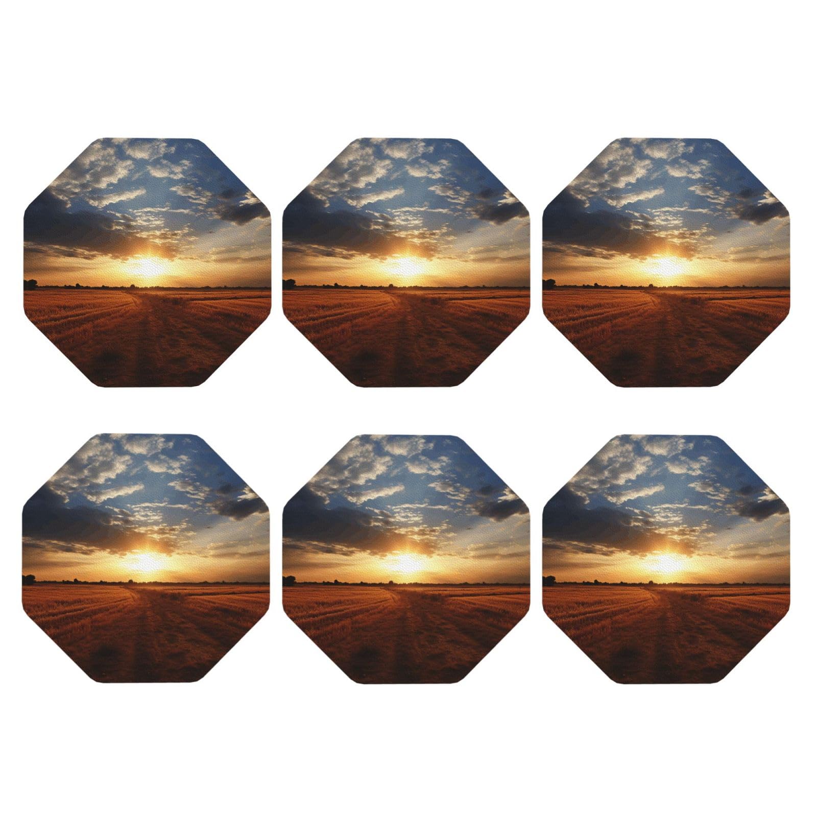 6pcs Leather Coasters for Drinks, Field Sunrise Drink Coasters for Tabletop Protection, 4" Cup Coasters for Coffee Table Decor, Non-Slip Drinking Cup Mat for Hot Or Cold Drink