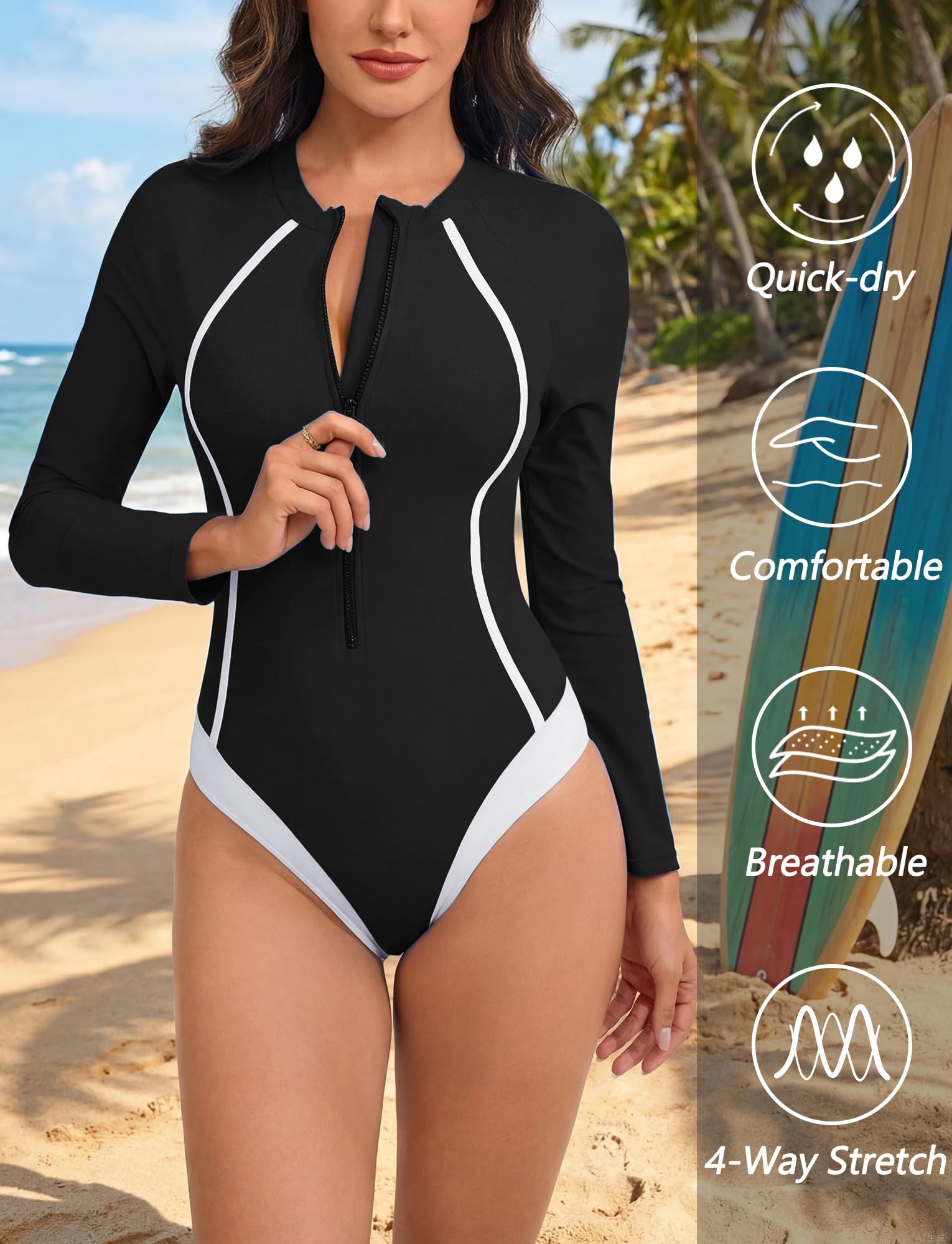 FEOYA Costume da bagno da donna a maniche lunghe con chiusura lampo sul davanti, costume da bagno intero da surf, taglia unica