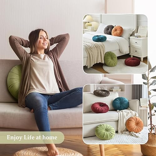 Miniatura 6 de Almohada redonda de terciopelo de 13.78 pulgadas, plisada redonda, cojín redondo de calabaza para el hogar, sofá, silla, cama, decoración de