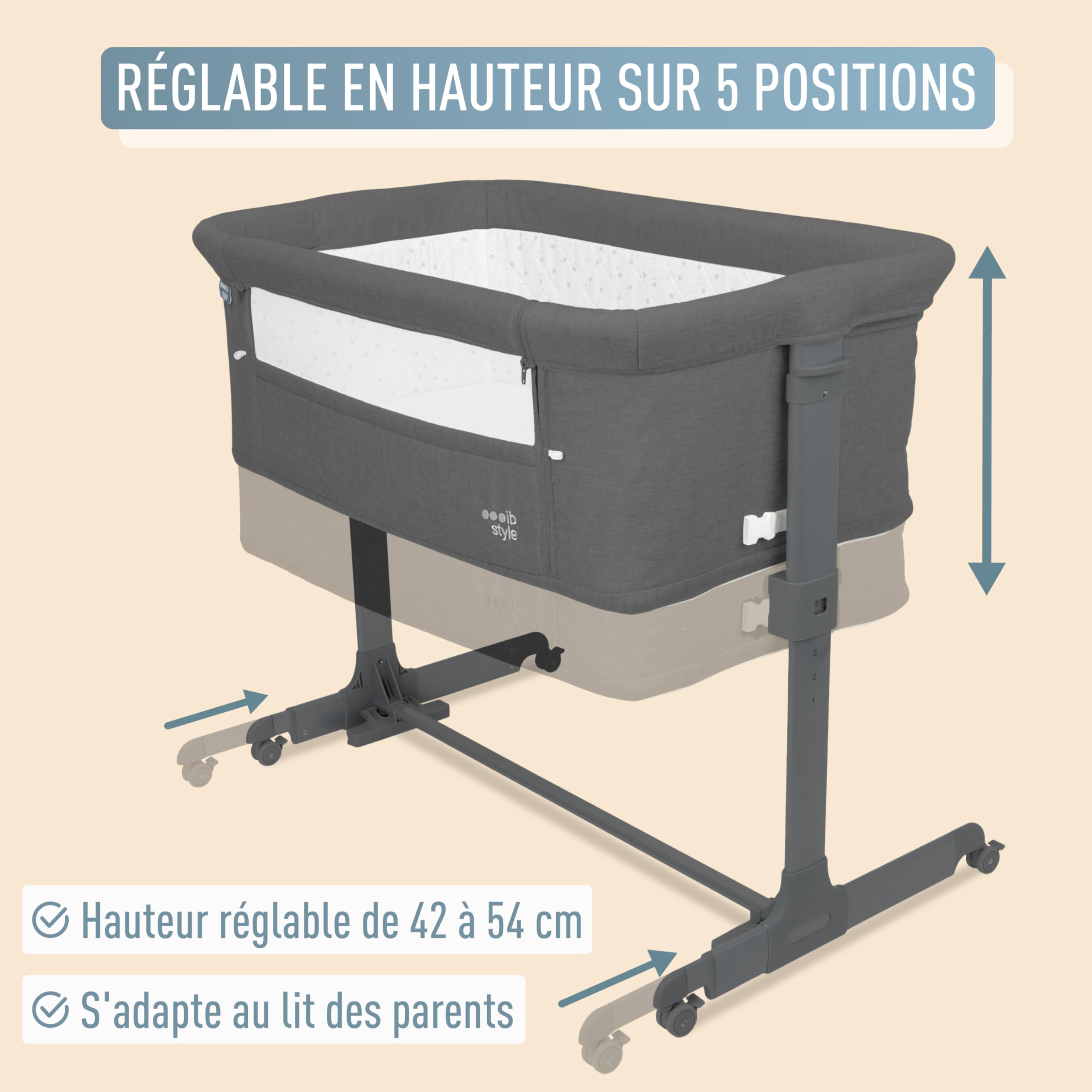 IB-Style Aluna 3-en-1 Berceau co-Dodo, lit de bébé, lit d'appoint, Matelas Moelleux, réglable en Hauteur sur 5 Niveaux, lit de Voyage avec Sac, Fonction balancelle, moustiquaire - Gris foncé