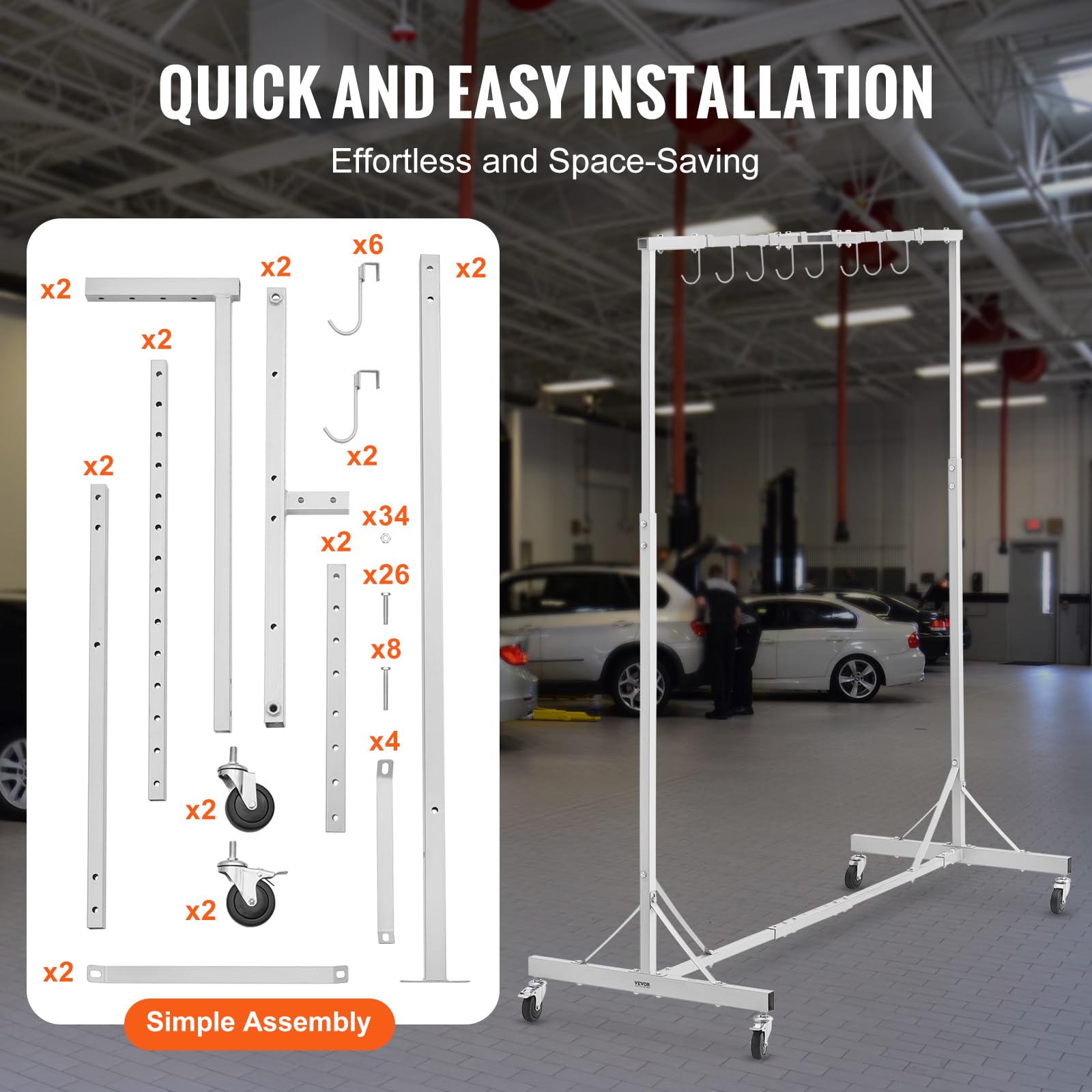 VEVOR Supporto per Verniciatura, Altezza Regolabile da 1,5 a 2,1 m Supporto per Carrozzeria per Auto con 8 Ganci, 4 Ruote Girevoli, Capacità di 30 kg per Officine di Riparazione Auto e Garage, Bianco