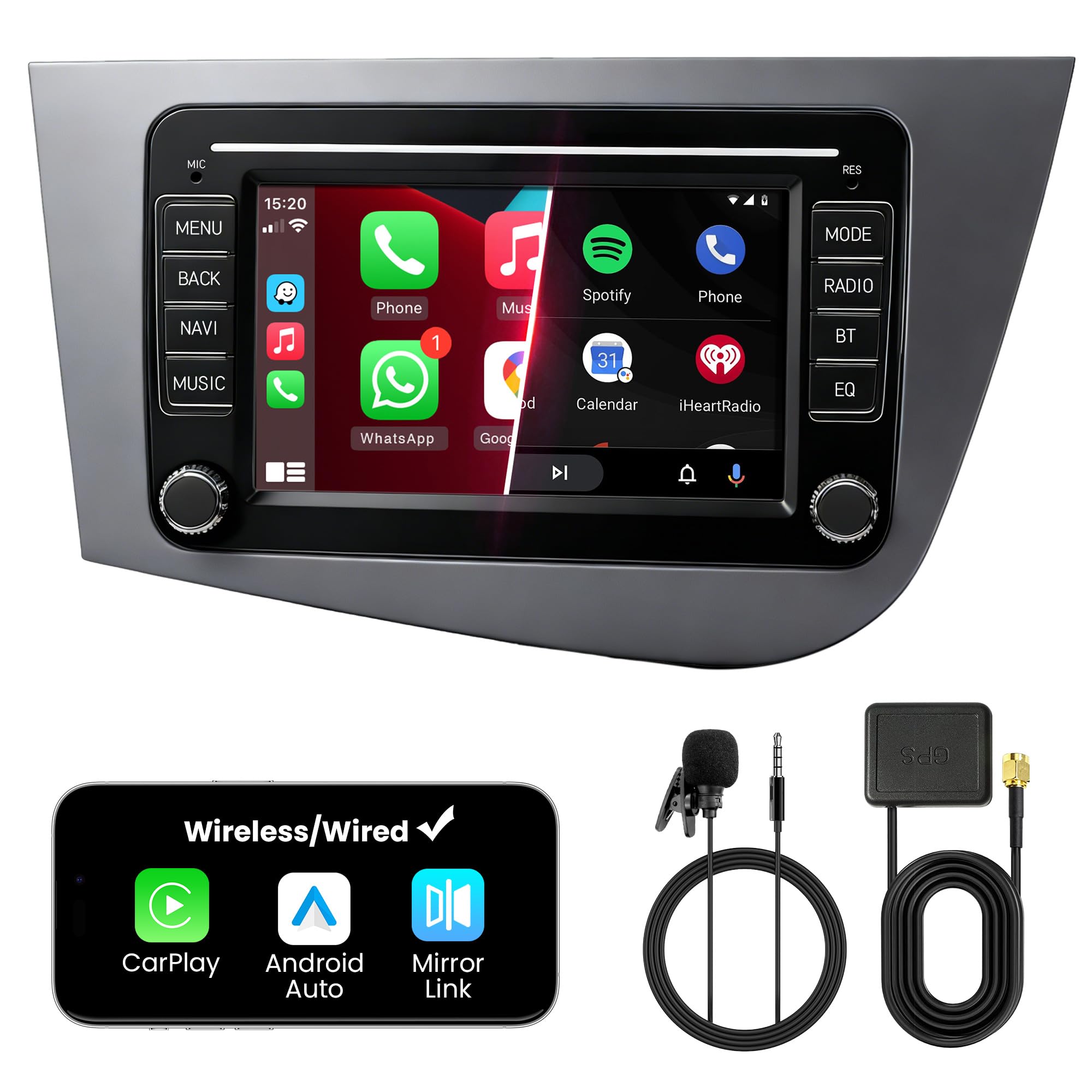 Autoradio Doble DIN con Pantalla para Seat Leon (2005–2012), CarPlay y Android Auto Inalámbrico, Pantalla Táctil 7", 4GB+64GB, Bluetooth WiFi 5GHz Dab+ FM AUX GPS