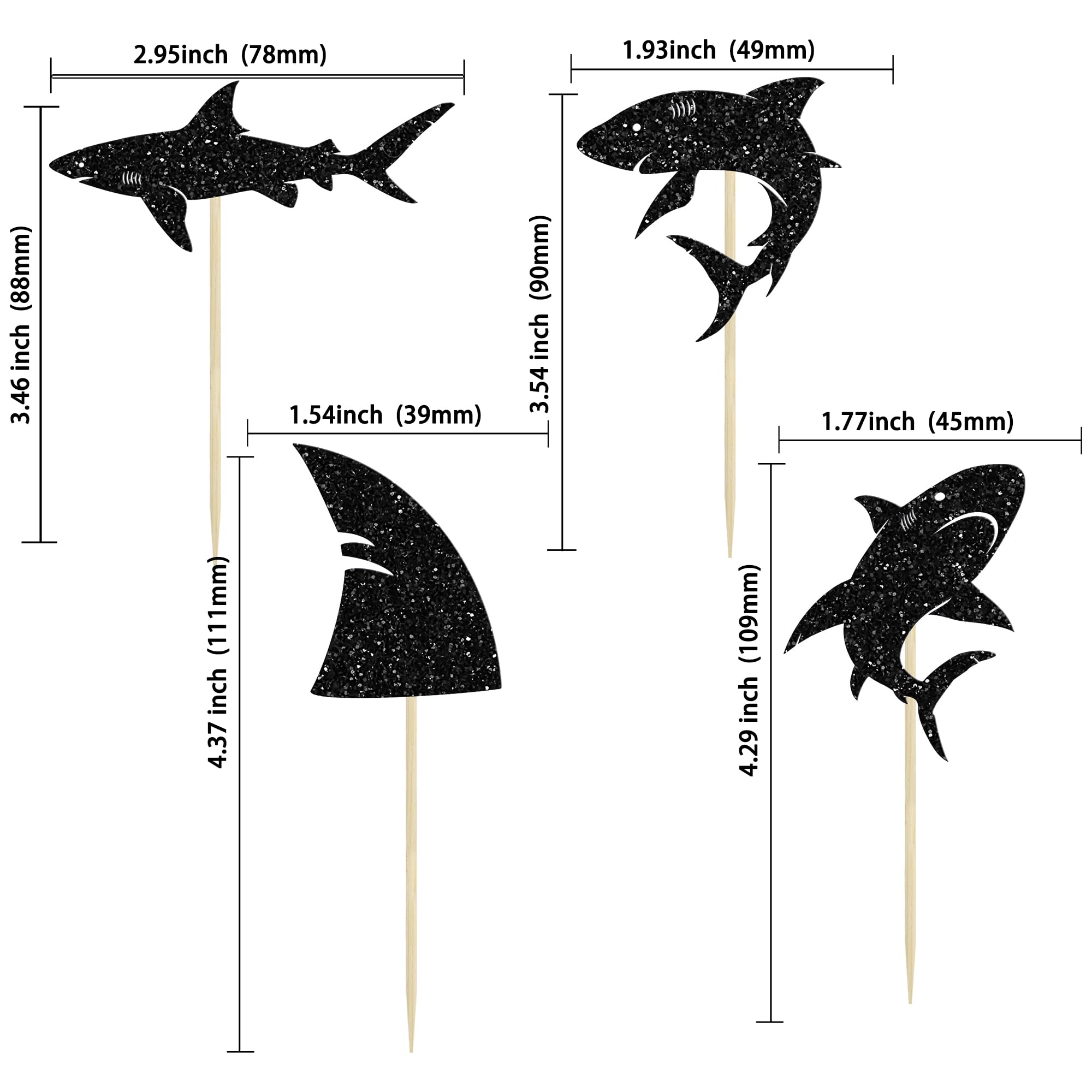 Ephlyn 24Pcs Shark Cupcake Toppers Blue Glitter Shark Fin Cupcake Picks Ocean Animals Shark Theme Baby Shower Kids Birthday Party Cake Decorations Supplies Black