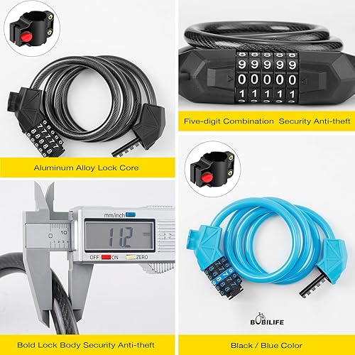 Miniatura 4 de Candado de bicicleta con soporte de montaje, cable de bicicleta de 4 pies, cable básico autoenrollable de 5 dígitos con combinación reiniciable,