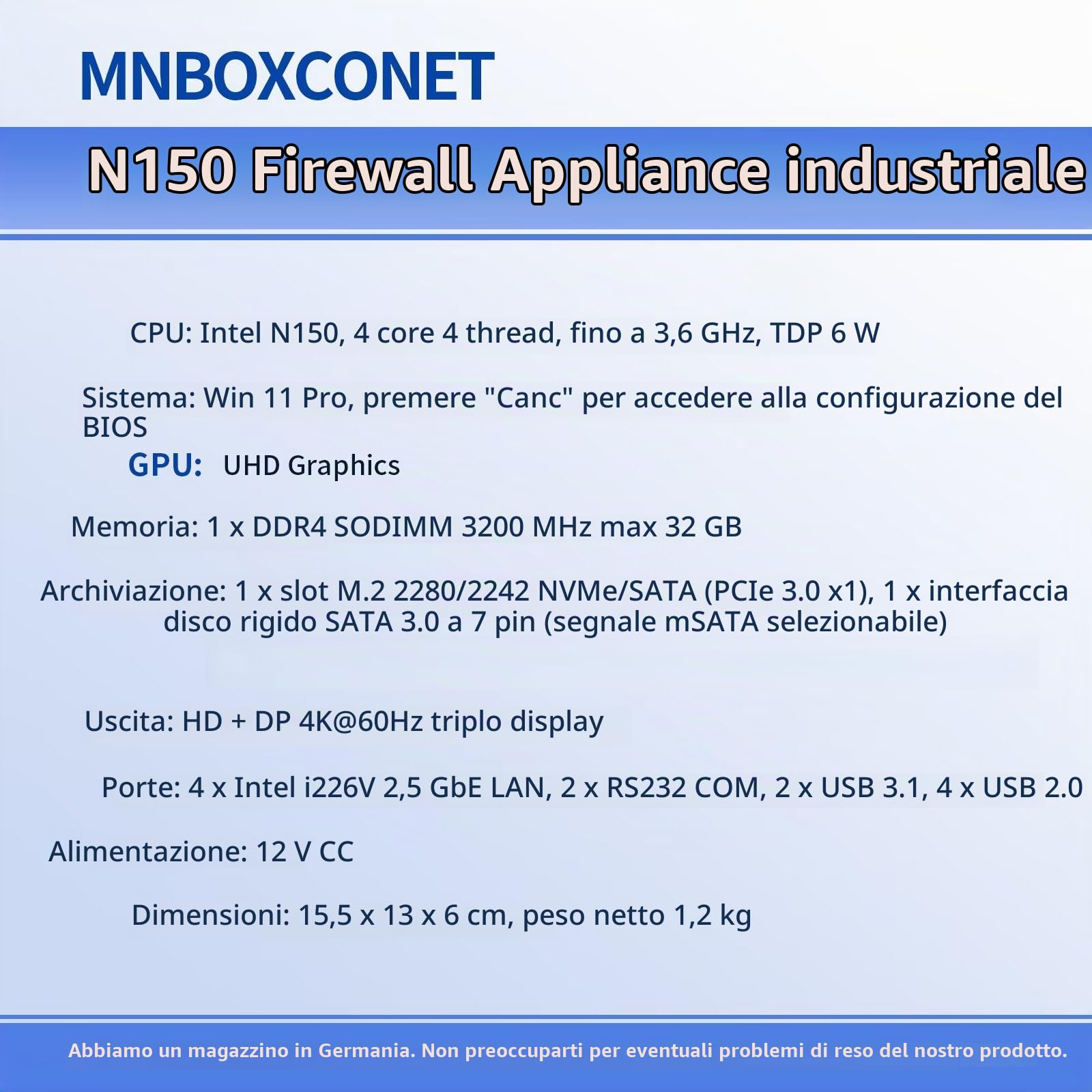 Mini PC Firewall senza ventola N150 (N100 Aggiornato), Industriale Micro Computer Hardware 4 porte LAN 2.5 Gbe i226V, 2 x RS232/485, AES-NI, 8GB DDR4 128GB SSD, Auto Power On, USB3.1