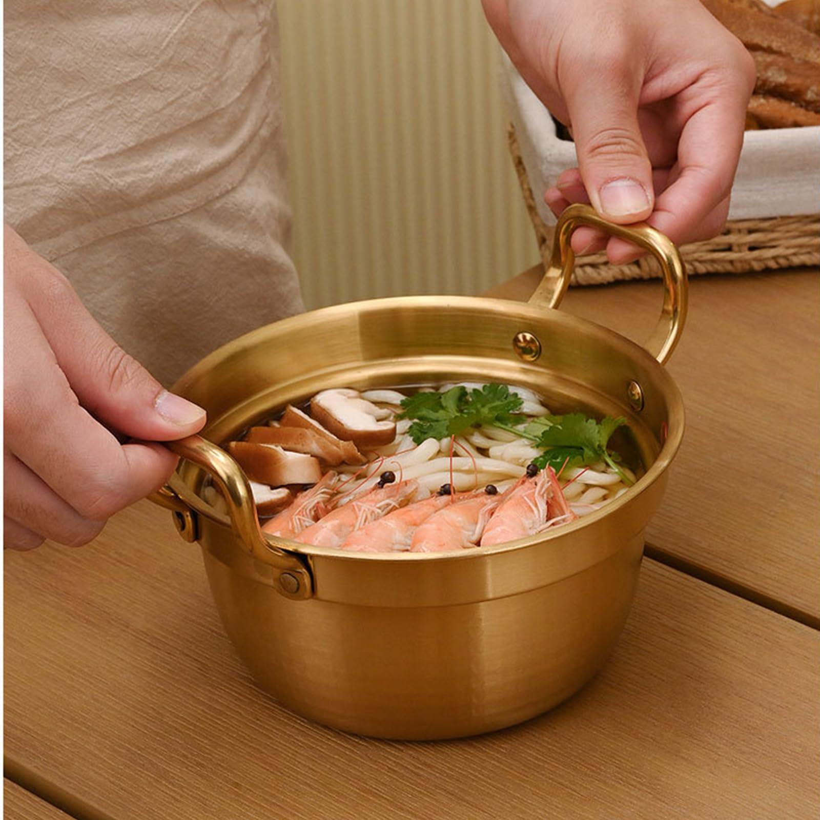 Koreanischer Ramen-Kochtopf/Edelstahl-Ramyun-Kochtopf mit Doppelgriff und Holzdeckel, 1 l, 1,5 l, 2,2 l, Suppentopf, Suppentopf, kleiner heißer Topf, ideal für Suppe, Curry, Nudeln und Eintopf, 23 cm
