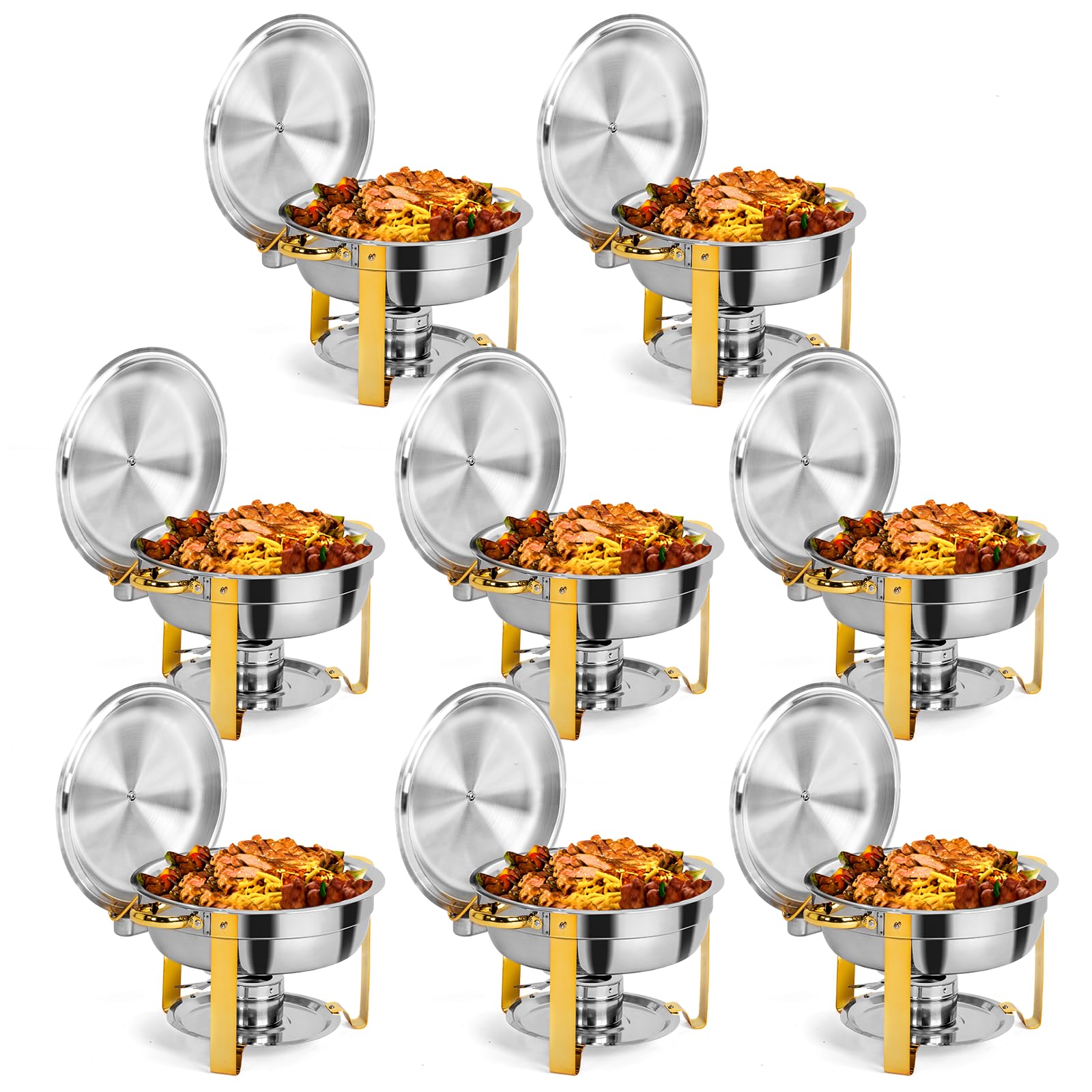 ROVSUN Gold Chafing Dishes for Buffet, 5 Qt 8 Pack Round Stainless Steel Chafing Dish Set with Lid Holder, Buffet Warmer Set for Parties, Christmas Gatherings, Catering Events, Weddings
