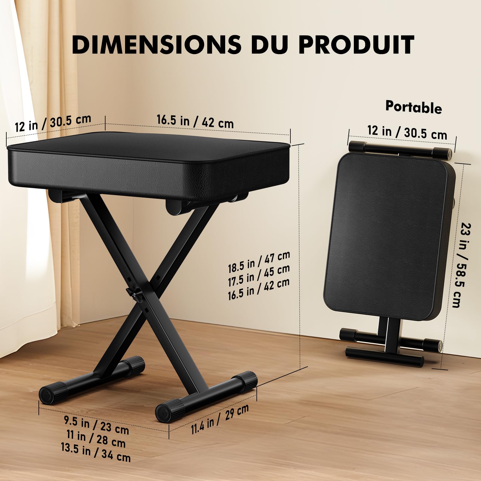 GLEAM Banc de clavier rembourré X-Style réglable en hauteur 36,8 à 47 cm Noir