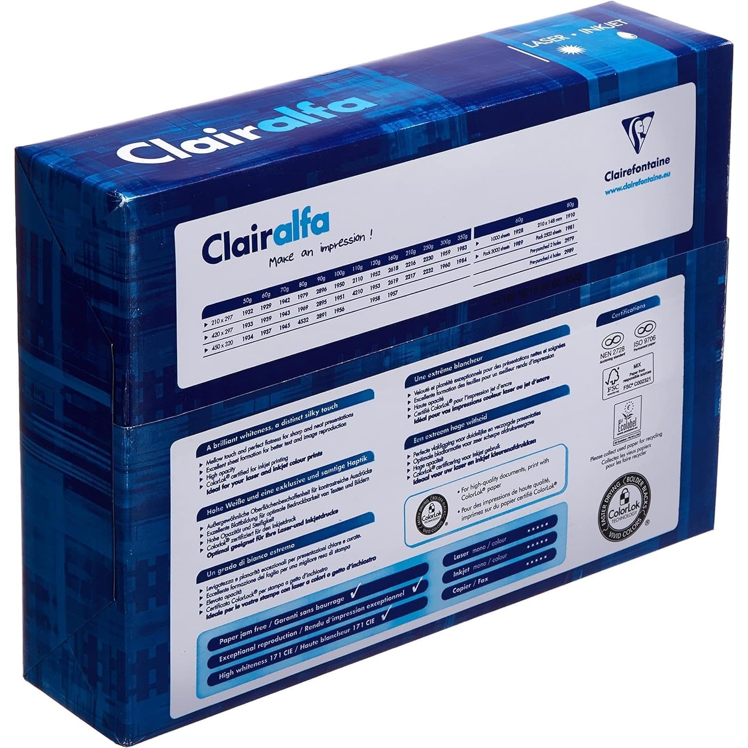 Lot de 4 Ramette de 250 feuilles de papier Clairalfa blanc, A4, 210 g/m²