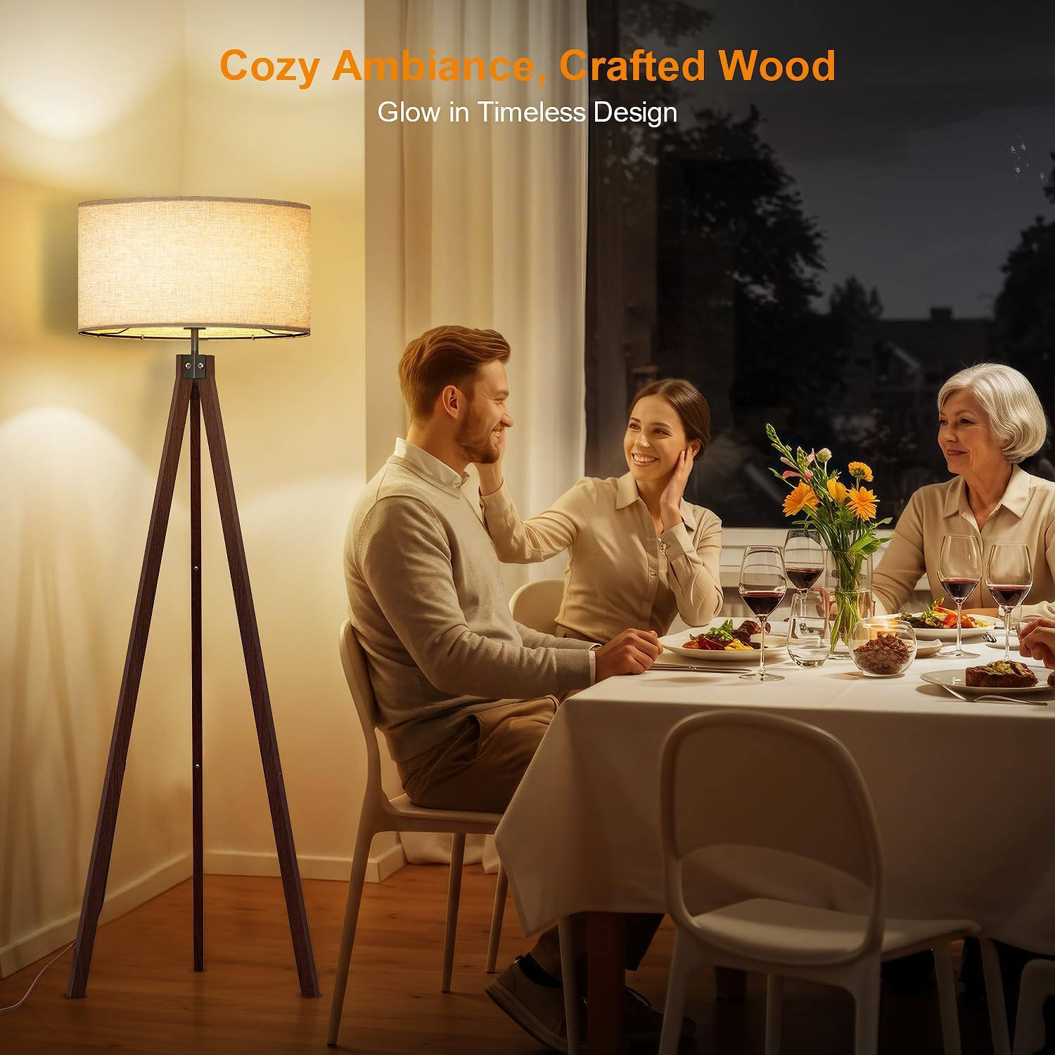 lepower wood tripod floor lamp flaxen shade mid century modern