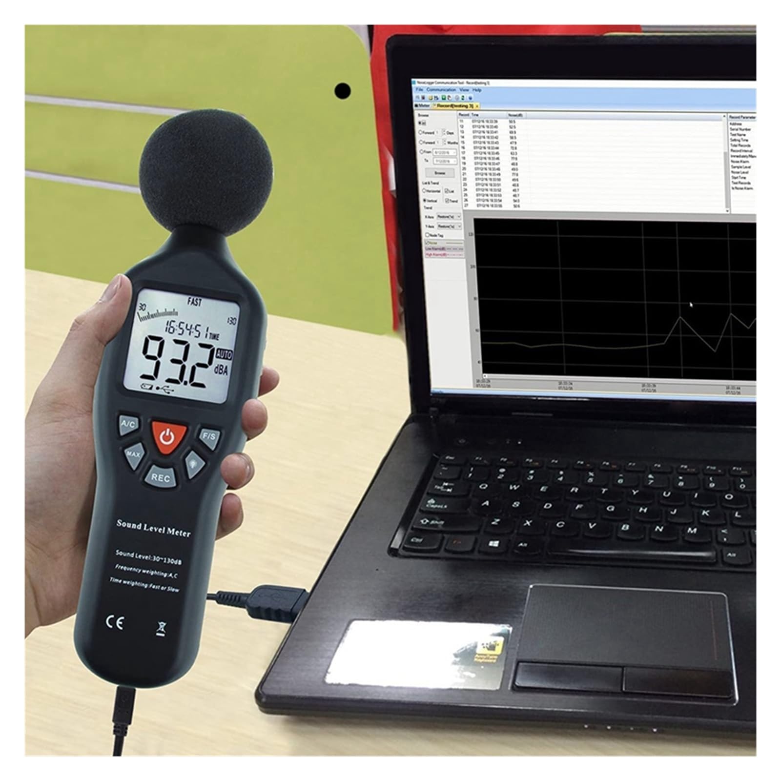 Medidor de sonido digital Medidor de nivel sonido Sensor ruido alta precisión medidor decibelios 30-130DB Monitor LCD Digital probador grabadora USB con CD Probador de nivel de ruido de decibeles