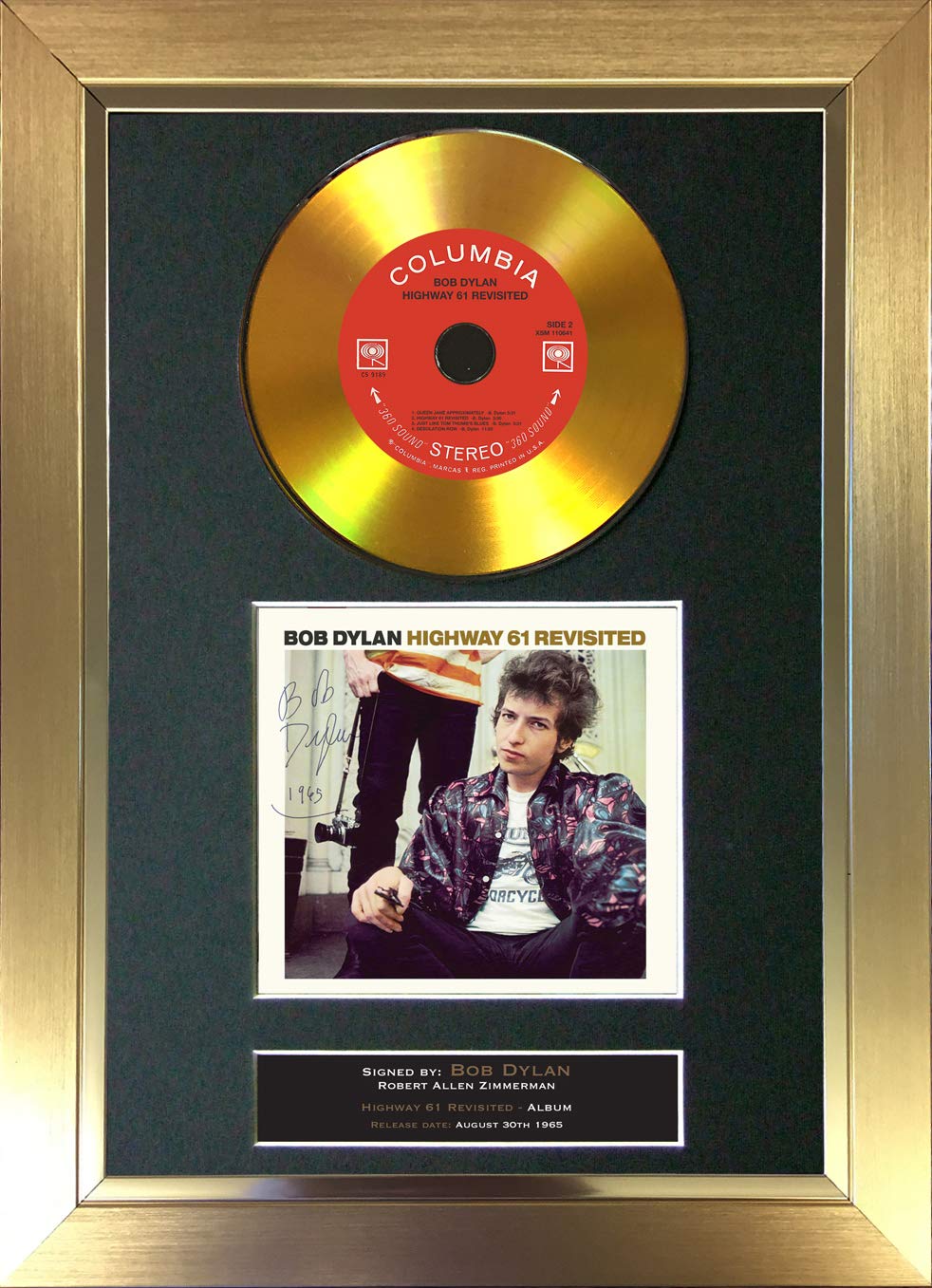 #143 GOLD DISC BOB DYLA Highway 61 Revisited Signed Autograph Mounted Cd Cover Record Reproduction PRINT A4 Rare Perfect Present Birthday Christmas (297 x 210mm) (Gold Frame)