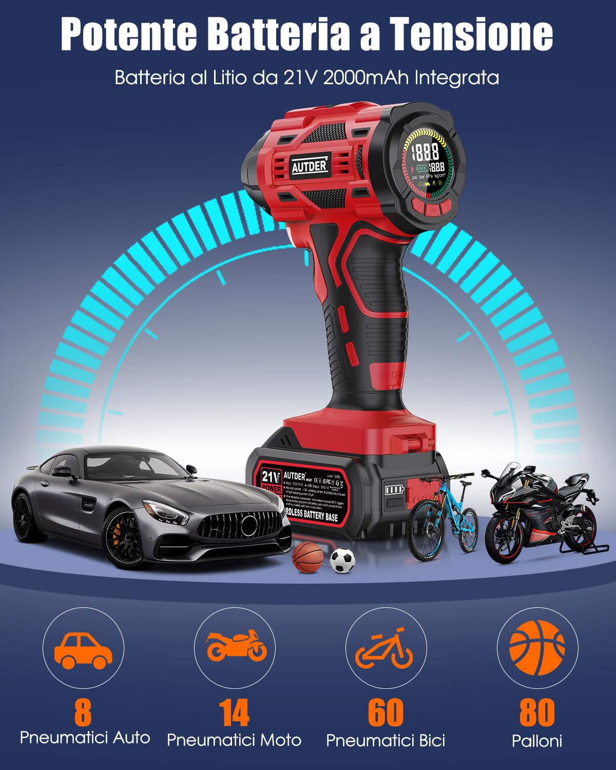 AUTDER Gonfiatore Pneumatici Portatile 180 PSI, Compressore Aria Senza Fili con Batteria Rimovibile 21V e Cavo Auto 12V, Spegnimento Automatico, Display LCD, Luce LED per Auto - Rosso-Nero