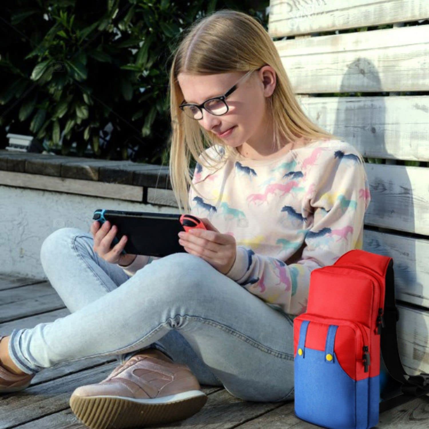 TNP Sacoche de Transport Compatible avec Nintendo Switch, OLED, Lite - Sac à Bandoulière pour Accessoires, Console, Joy-Con, Bloc d'Alimentation et Chargeur Dock - Super
