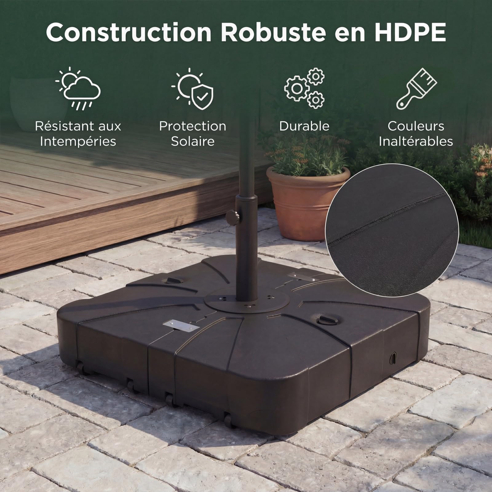 GOPLUS Pied de Parasol Déporté Extérieur 130KG avec roulettes, Support Parasol Lourd avec Base Carrée 84CM Remplissable à Eau et à Sable, Portable pour Pelouse, Jardin et Patio