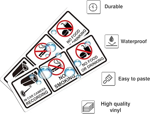 Miniatura 5 de Paquete de 12 carteles de "No fumar en la cámara del automóvil, grabación de no comer o beber, 1.75 x 5 pulgadas, calcomanías de advertencia de