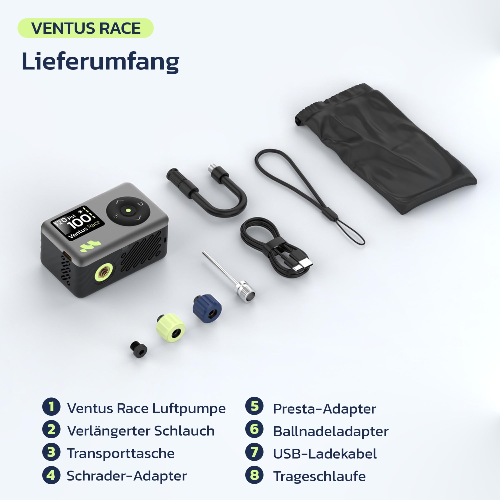 Woowind Fahrradpumpe, Elektrische Fahrradpumpe, Luftpumpe Fahrrad, 50 Sek. schnelles Aufpumpen, 120PSI/8.27Bar, Presta- und Schrader-Ventil für alle Fahrräder, Mini Kompressor Fahrrad mit LED-Licht
