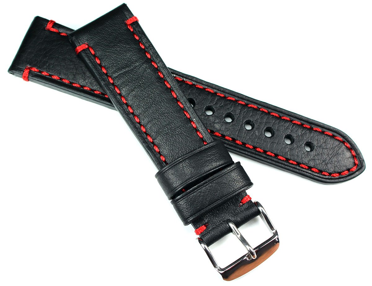 Sulla 24mm Herren Leder Retro Pilot Uhrenarmband Catalonia Schwarz rote Naht