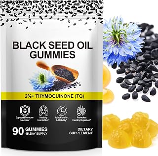 Black Seed Oil Gummies, Organic & Cold Pressed Black Seed Oil Supplement, 2% Thymoquinone for Boosting Immunity, Energy Level, Joint Mobility, Antioxidant, Digestive Balance, Thicker Hair|90 Count