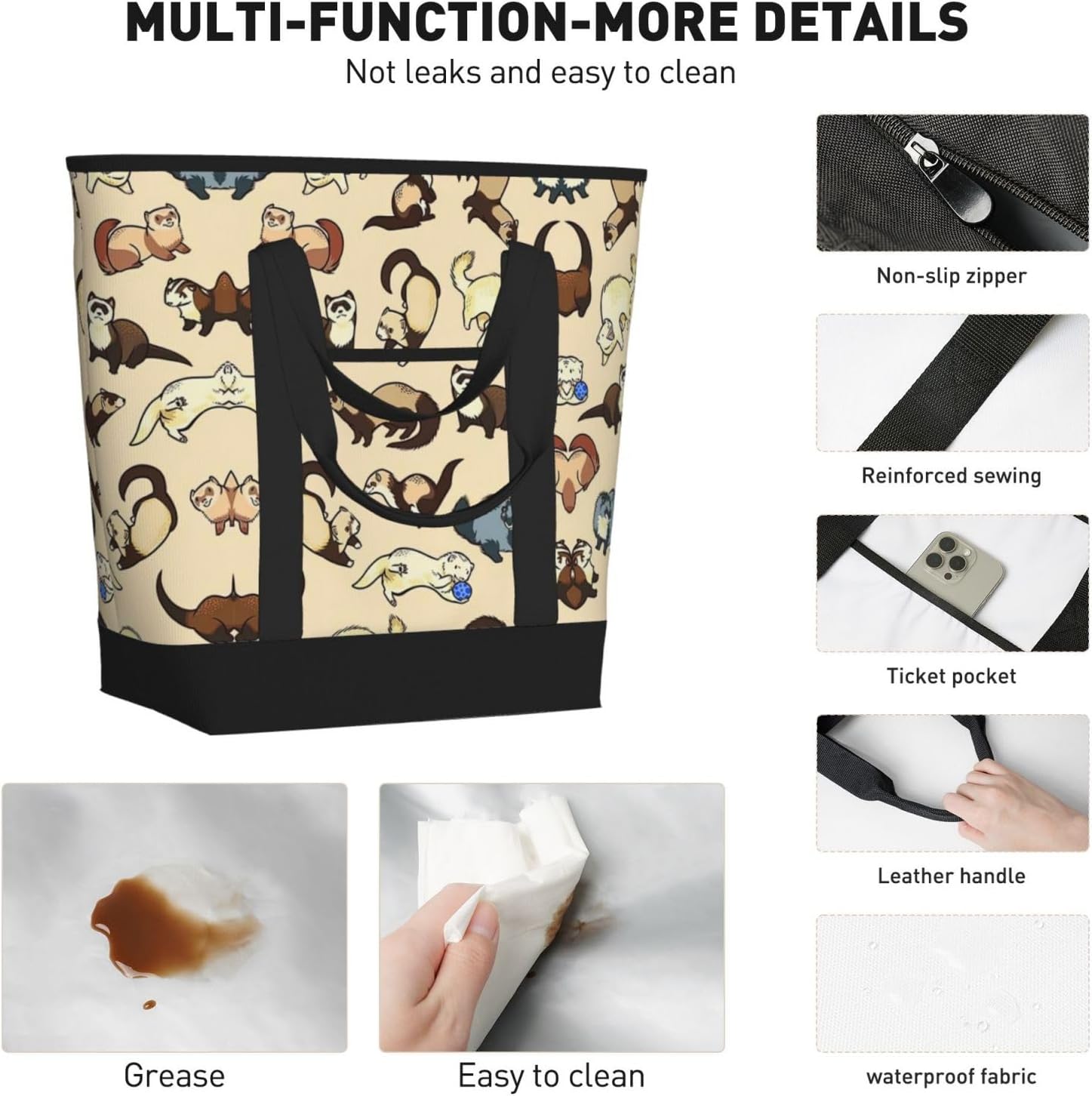 Hairy Ferret Print Large Cooler Bag Tote Bag,Reusable Grocery Bag,Lunch Box Bag, For Picnic Beach Camping