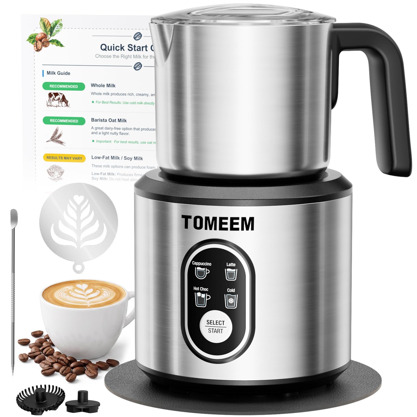 TOMEEM 4-in-1 Electric Milk Frother and Steamer for Hot &amp; Cold Foam