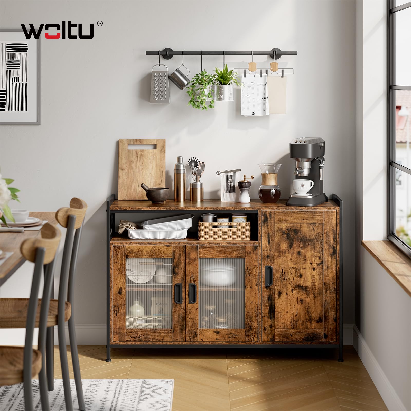 WOLTU Buffet de Cuisine, Meuble de Rangement, avec 3 Portes, Plan de Travail et Compartiment Ouvert, pour Cuisine, Salon, Entrée, 110x33x75 cm, en Bois + Métal, Marron Rustique