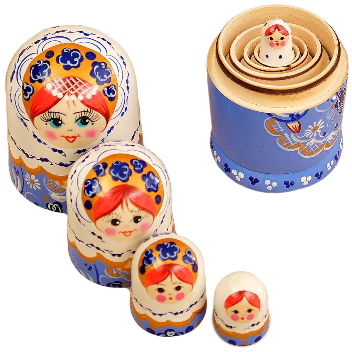 Generico Matrioska Bambola in Legno Gzhel scialle bianco 5 posti 18 cm