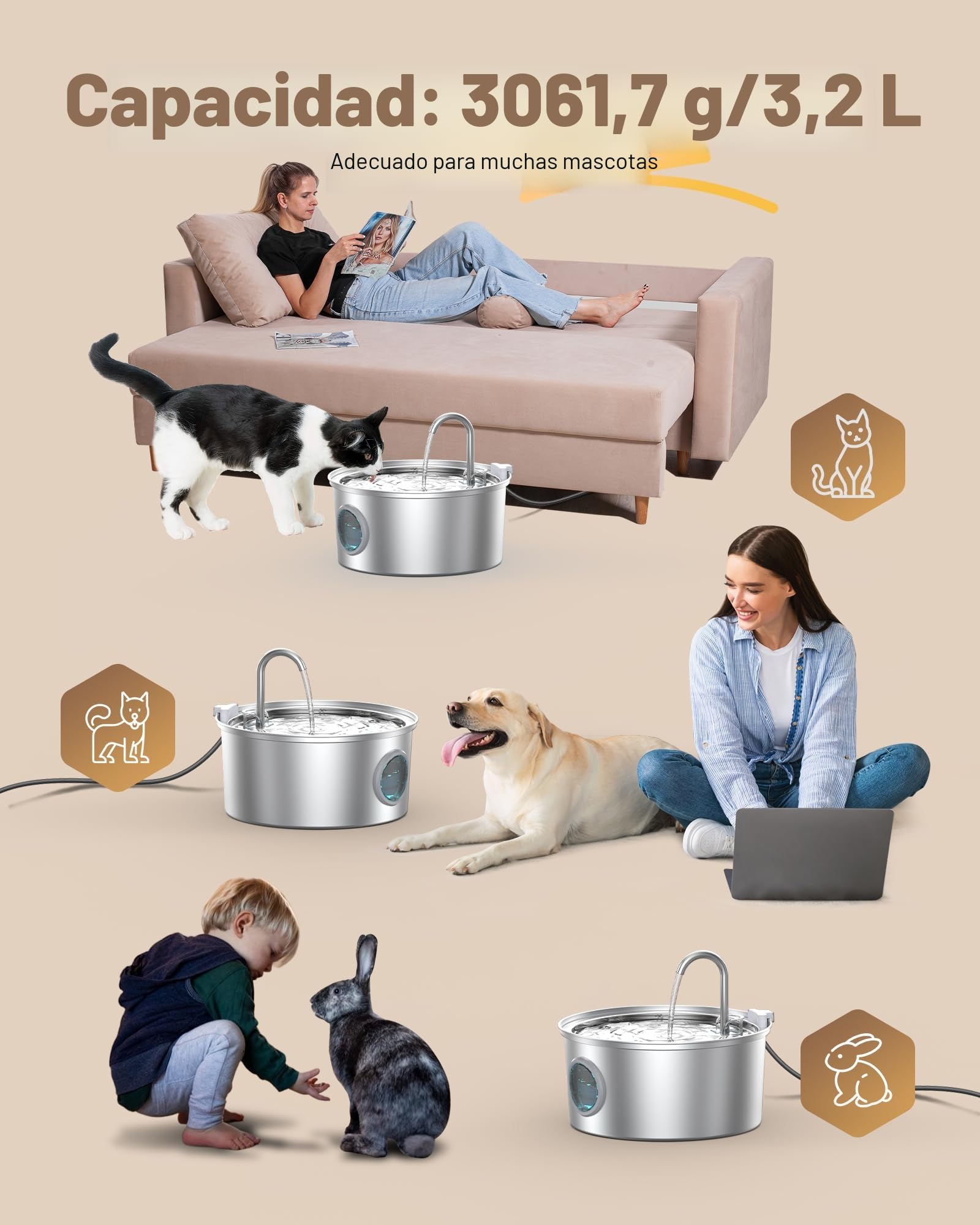Fuente de gato de acero inoxidable - Fuente para mascotas de 108 oz/3,2 L para gatos de interior - Silenciosa - Contiene 8 filtros + 8 esponjas