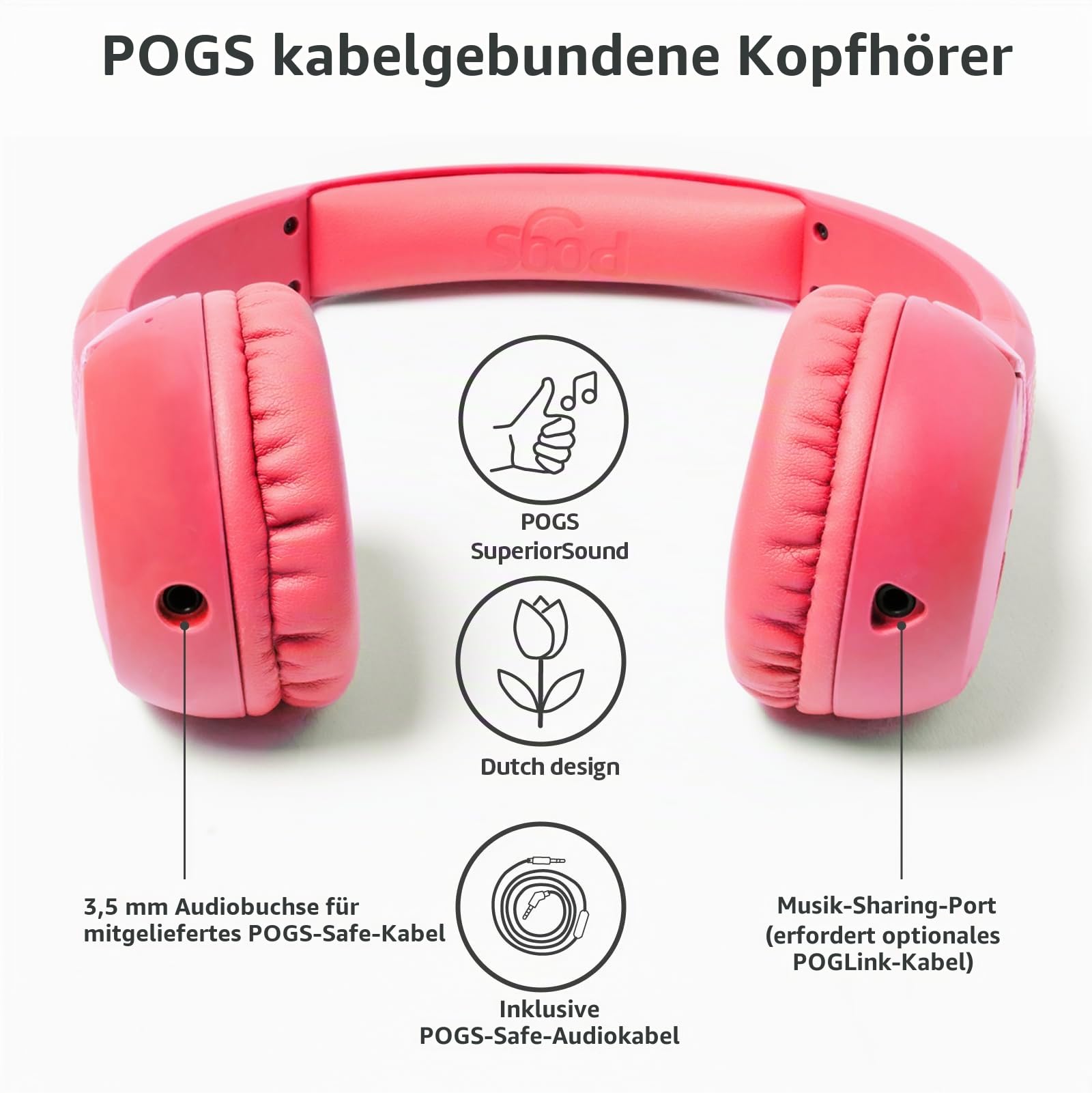 POGS-Kinderkopfhörer mit Kabel | The Elephant 2 | Faltbarer robuster Kinderkopfhörer ab 3 Jahren | Lautstärkebegrenzung 85 dB, Mikrofon | On-Ear | Musik-Sharing-Funktion (rRosa)