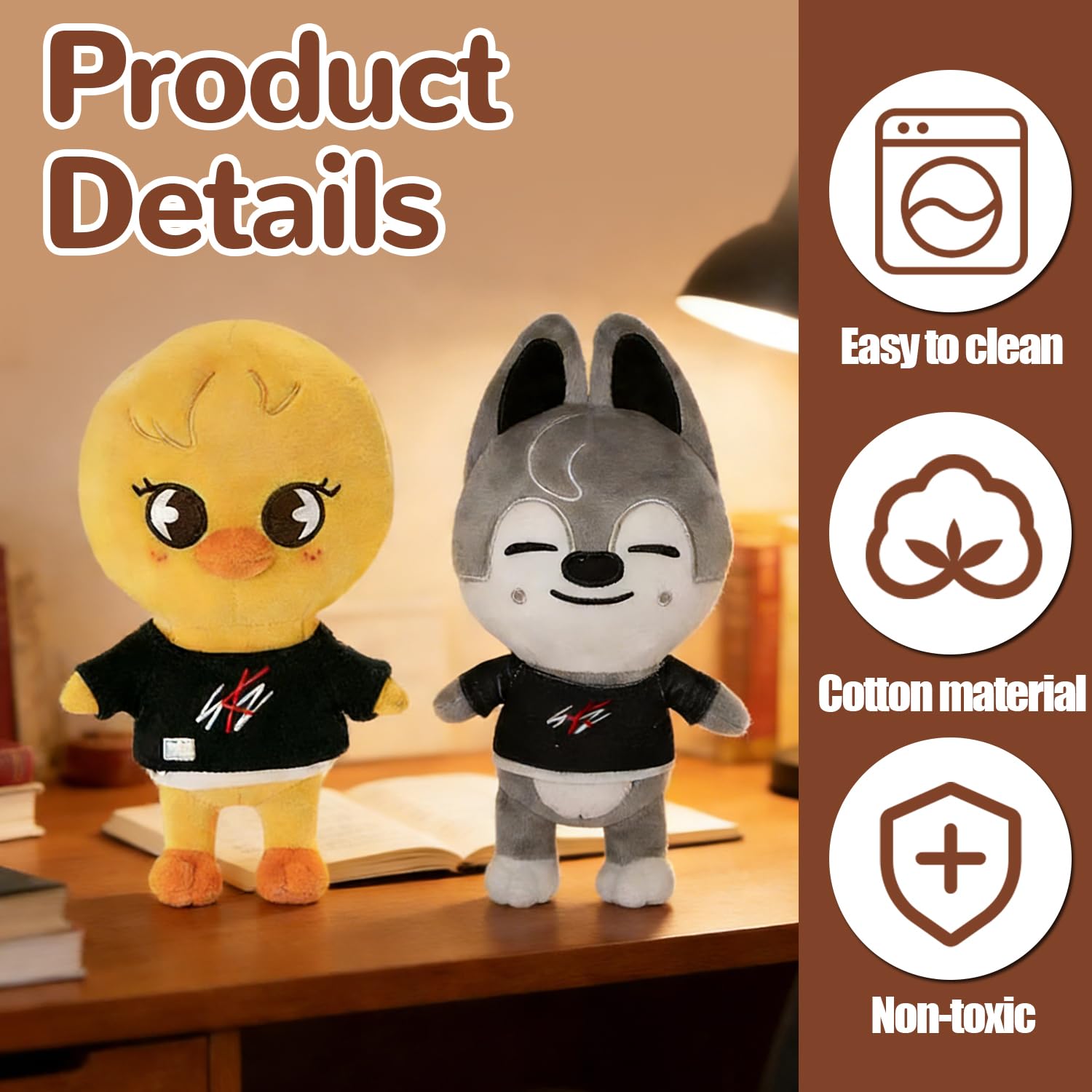 2 Piezas Stray Kids Peluche, Skzoo Plush Doll, Stray Kids Animal Plushie, decuado para fanáticos de SK, Amigos (Pollo Amarillo+Lobo Gris) — view 3