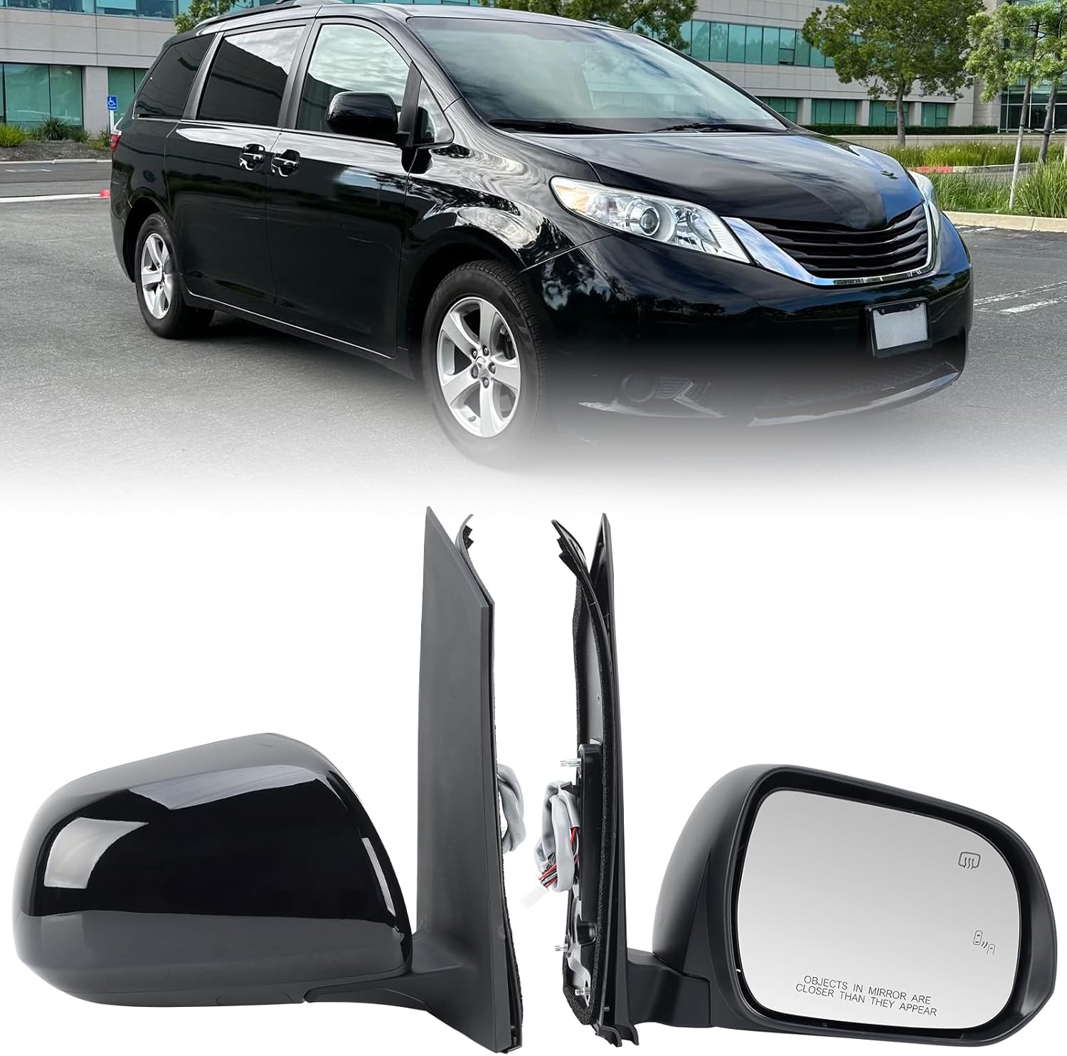 right passenger side mirror compatible with toyota sienna 2013-2017 heated, with blind spot detection, power glass, manual folding, 6h6p, door mirrors black replace# 87910-08113, to1321301 6h6p- heated, blind spot right passenger side