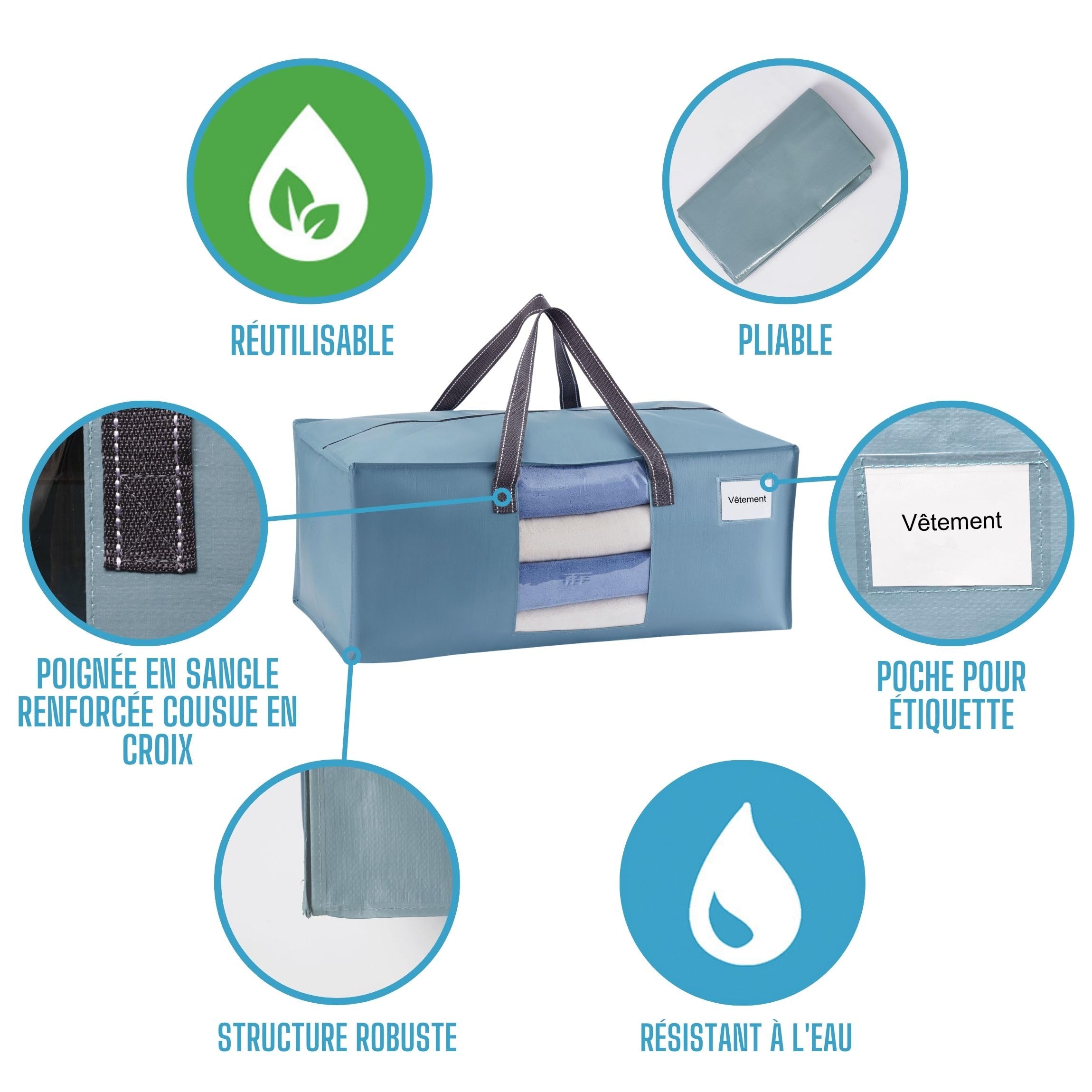 VENO Lot de 10 Sac Demenagement XXL (87L) avec Fenêtre de Visualisation et Poignées Solide, Sac de Rangement, Alternatives aux Cartons de Déménagement pour Vêtements et Literie (Bleu Clair)