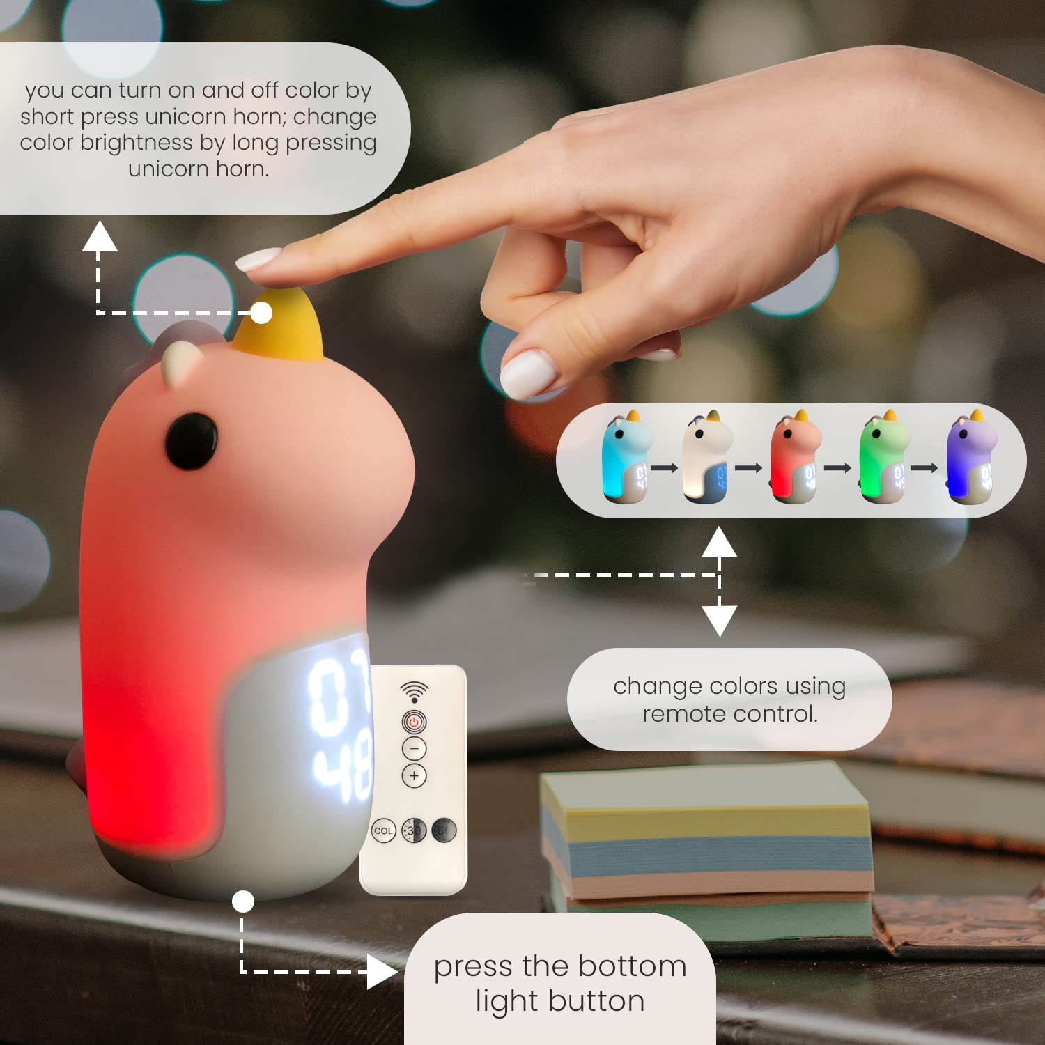Mehrfarbige Einhorn-Nachtlichter für Schlafzimmer, mit Wecker, niedliche Nachtlichter, Lampe für Kinder, Mädchen, Teenager, Kinder, Geschenke, Kinderzimmer, Dekoration, Nachtlicht mit digitaler Uhr
