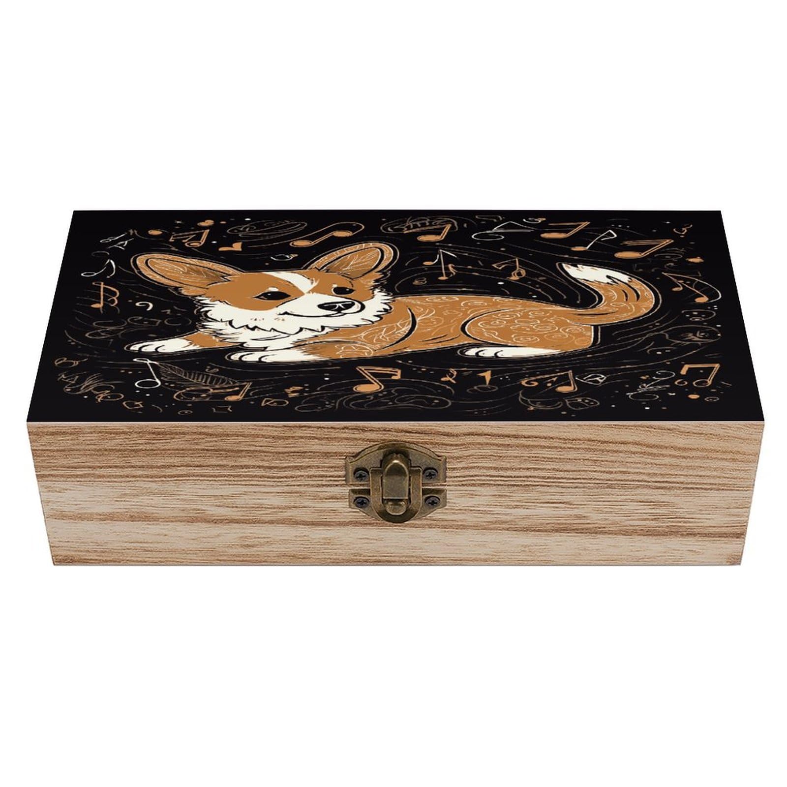 JTREHY Corgi Who Loves Music Wooden Keepsake Box Vintage-Style Wood Keepsake Case with Hinged Lid Solid Wood Boxes Beautifully Memory Treasure Case Vintage-Style Wooden Storage Box