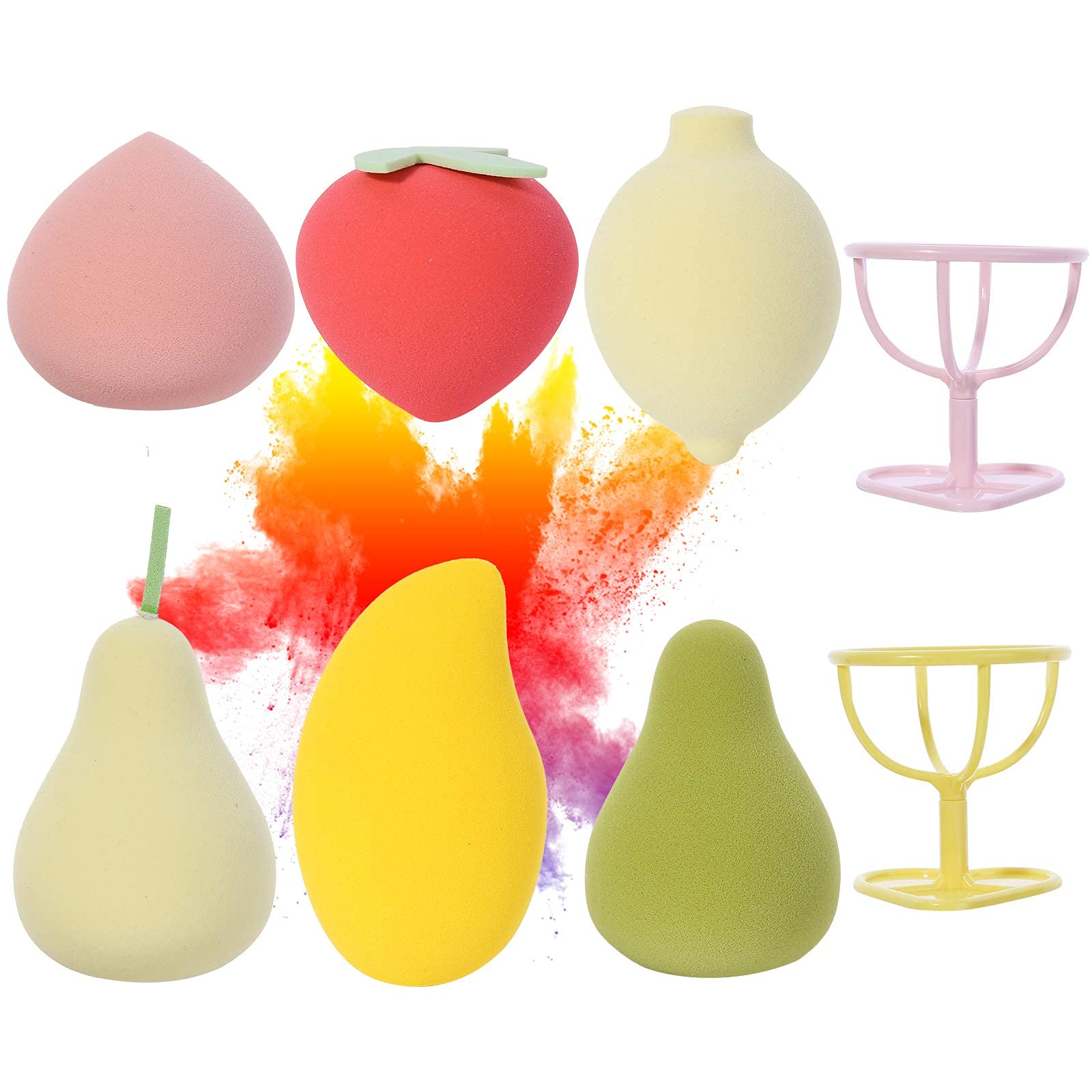Beauty Blender Set (Strawberry Blender, Mango, Avocados Pear,Lemon,Peach) Fruit Makeup Sponges Face Beauty Blender, Shaped Makeup Sponge,Soft&Bouncy,Non Latex, No Smell 6 PCS Blenders + 2 Holders