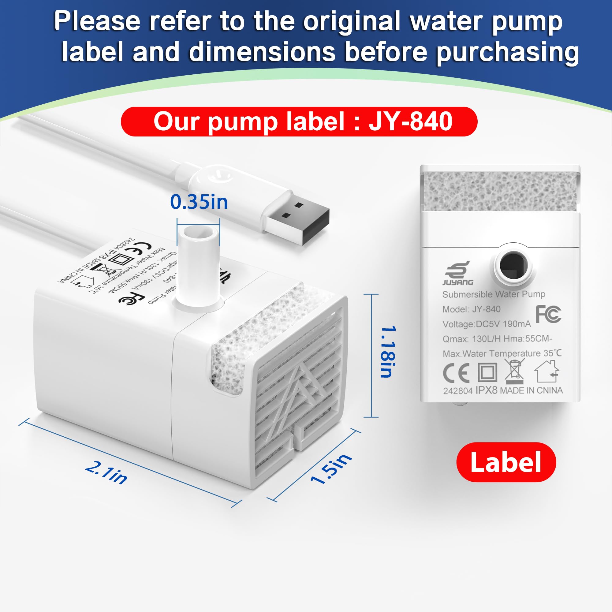 Cat Water Fountain Pump,108oz/3.2L Automatic Stainless Steel Cat Fountain Replacement Pump,Replacement Pump JY-840 Submersible Motor - image 3