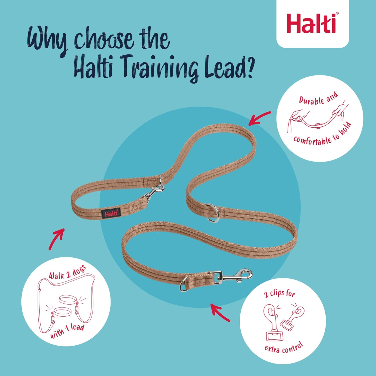 Halti Training Dog Leash | Size Small, Desert Sand, 2m | No-Pull Double-Ended Dog Leash | Light, Soft & Durable | Ideal for Obedience Training & Everyday Walks with Dogs & Puppies