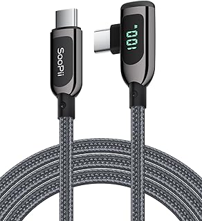 SooPii 100W Right Angle USB C to USB C Cable,4FT Zinc Alloy Braided Type-C Cable with LED Display for lphone 15, lPad Air/Pro,MacBook Pro,Samsung S23/S22/S10,Pixel,LG(1.2m,Grey)