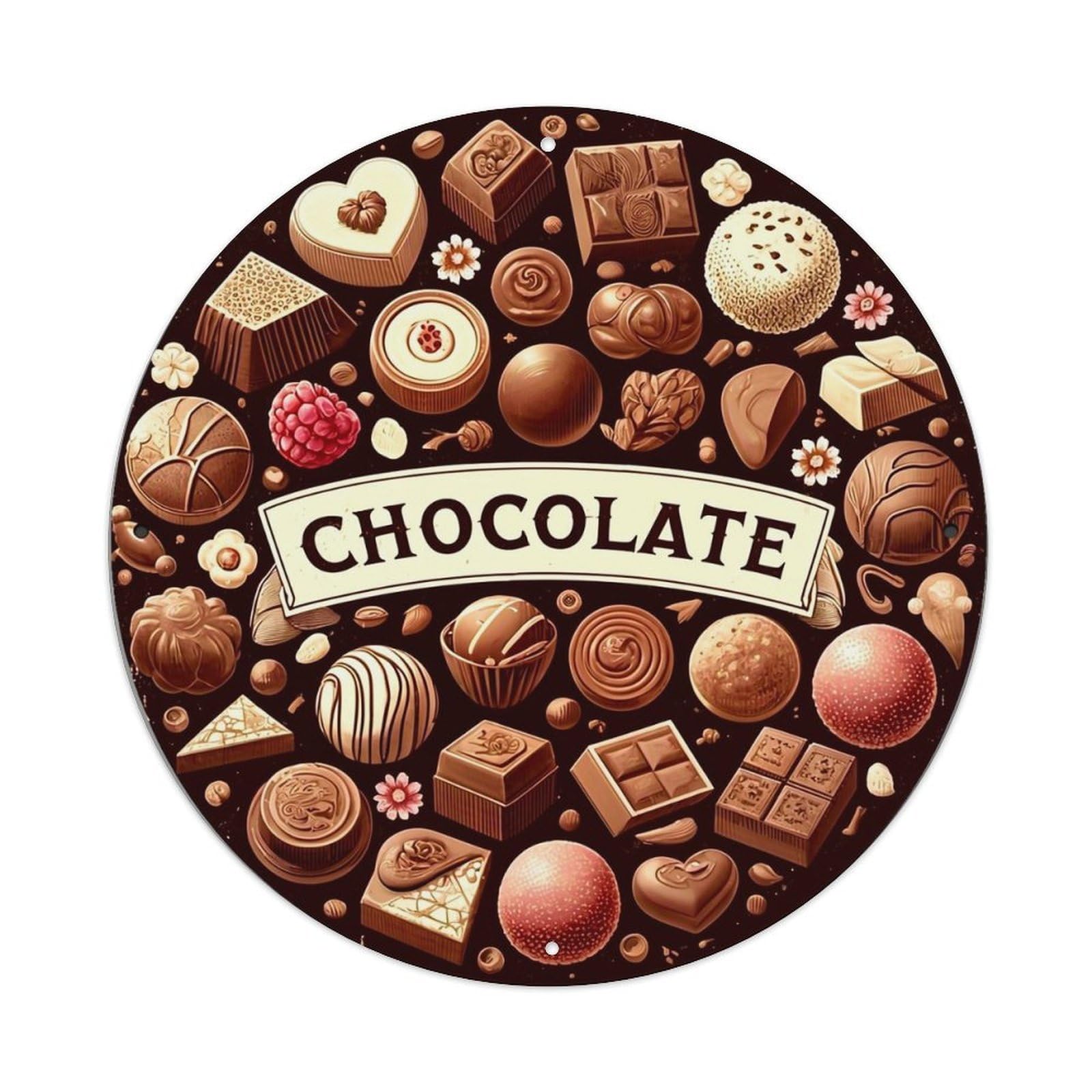 Chocolate Assorted Confections Pattern Print Retro Metal Sign Round Tin Sign, Vintage Decor Art Poster for Bar, Home, Man Cave, Kitchen, Laundry Room Gift 8x8Inch