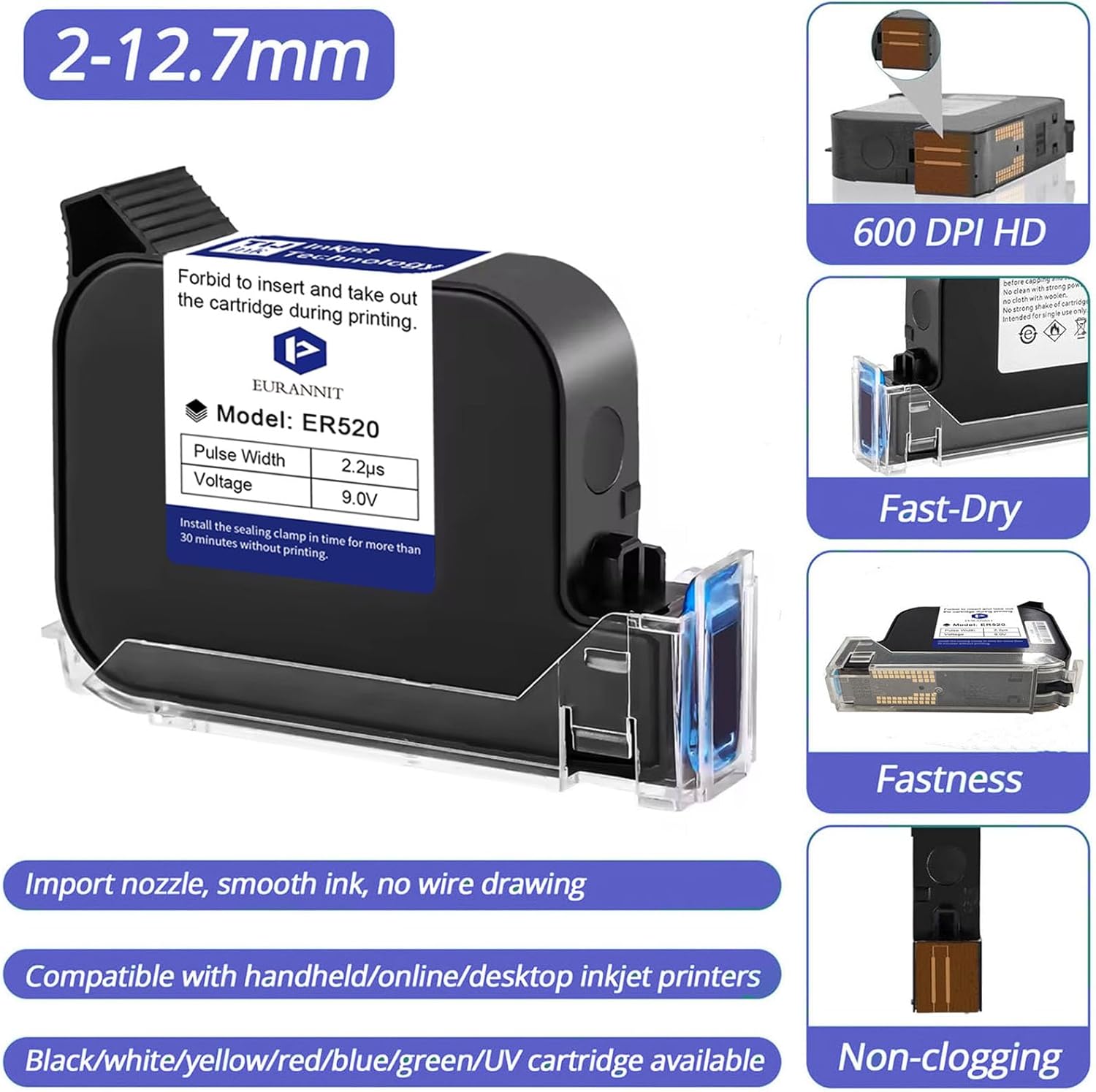 Ink Cartridge 0.5" for 260E Automatic Inkjet Coding Machine, 42ml Quick Dry Solvent Original ER520 Ink, 0.5inch/12.7mm Printing Height, White