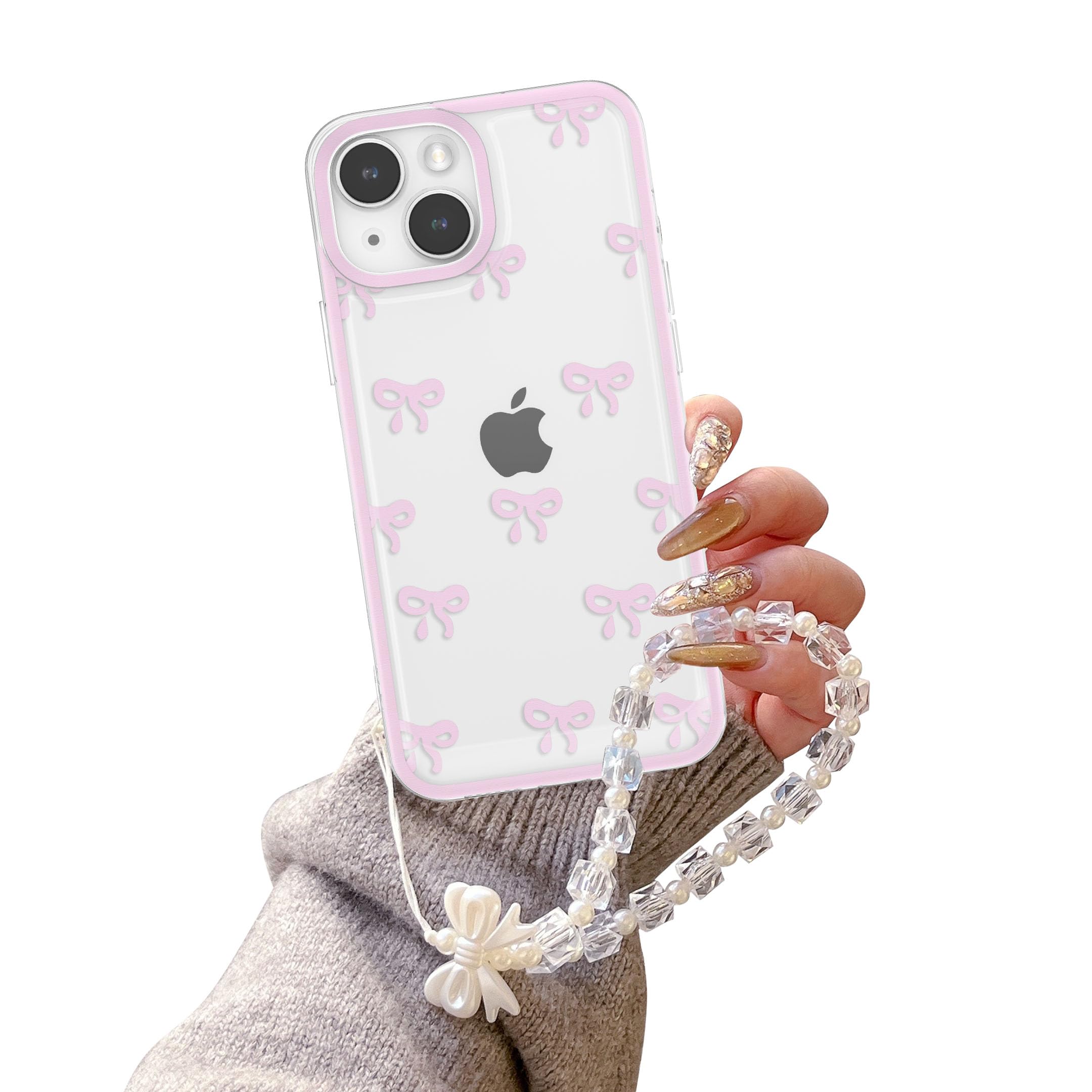 EYZUTAK Case for iPhone 13, Clear Cute Ribbon Bowknot Aesthetic Phone Case with Charm Bracelet Chain Raised Camera Protection Stylish Soft Durable TPU