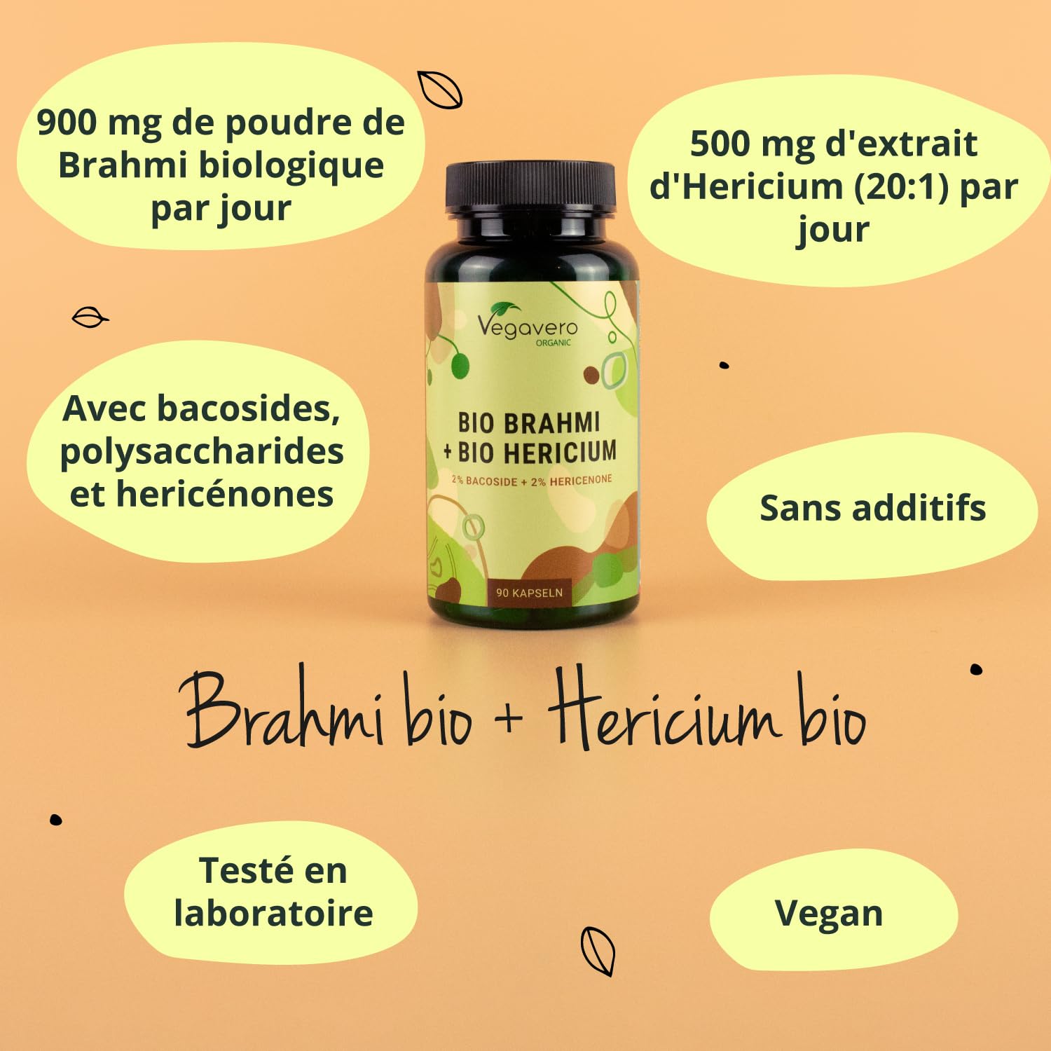 Hericium Erinaceus + Bacopa Monnieri BIO | Nootropique : Mémoire, Concentration | 10000 mg Lions Mane (20:1) + 900 mg Brahmi | Combinaison Unique | VEGAN | 90 Gélules | Vegavero®