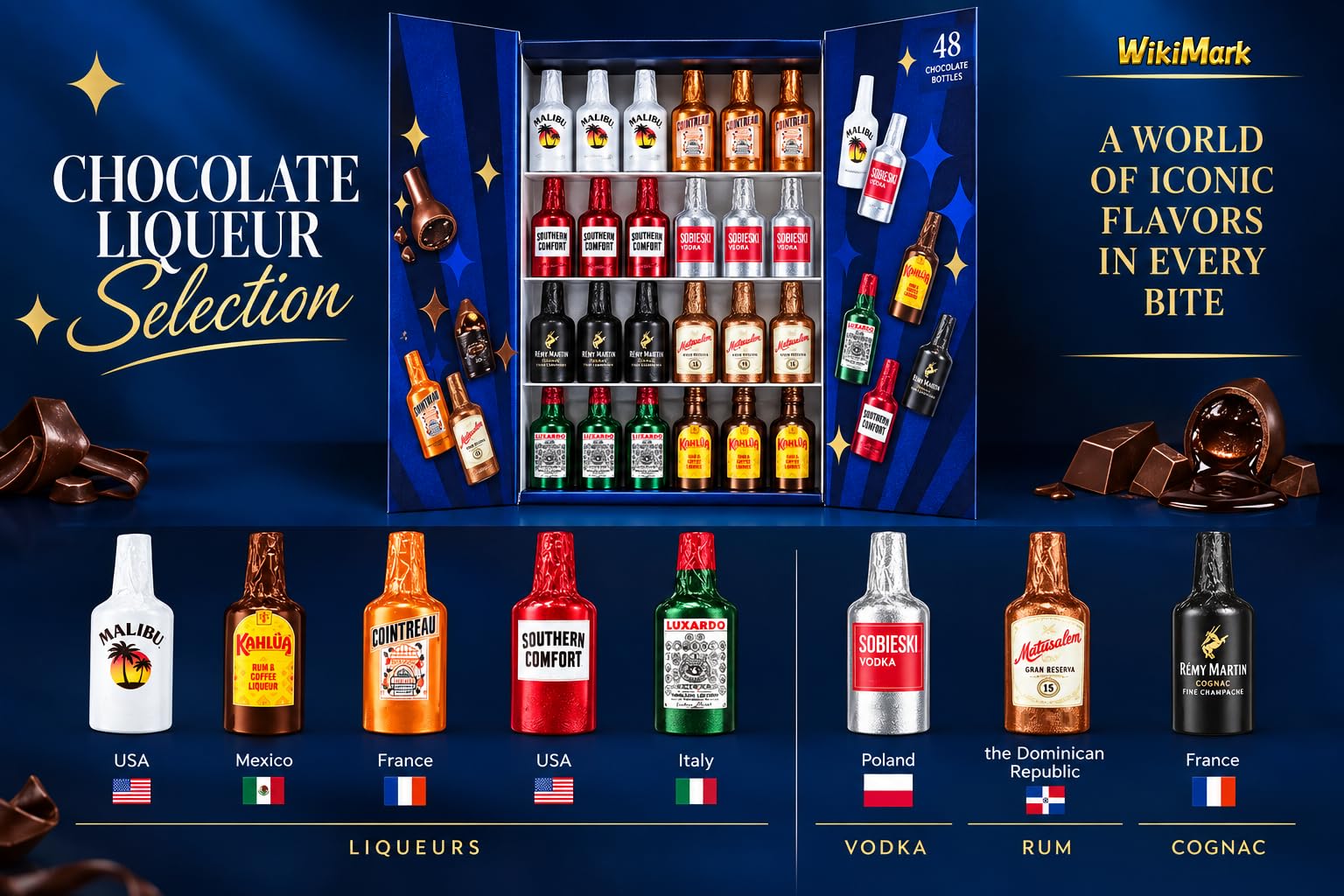 Bouteilles de chocolat remplies d'alcool – Nouvelle édition 2025 avec de nouvelles saveurs – Comprend une boîte à bouteilles WikiMark. 1 Kg - 64 Bouteilles.