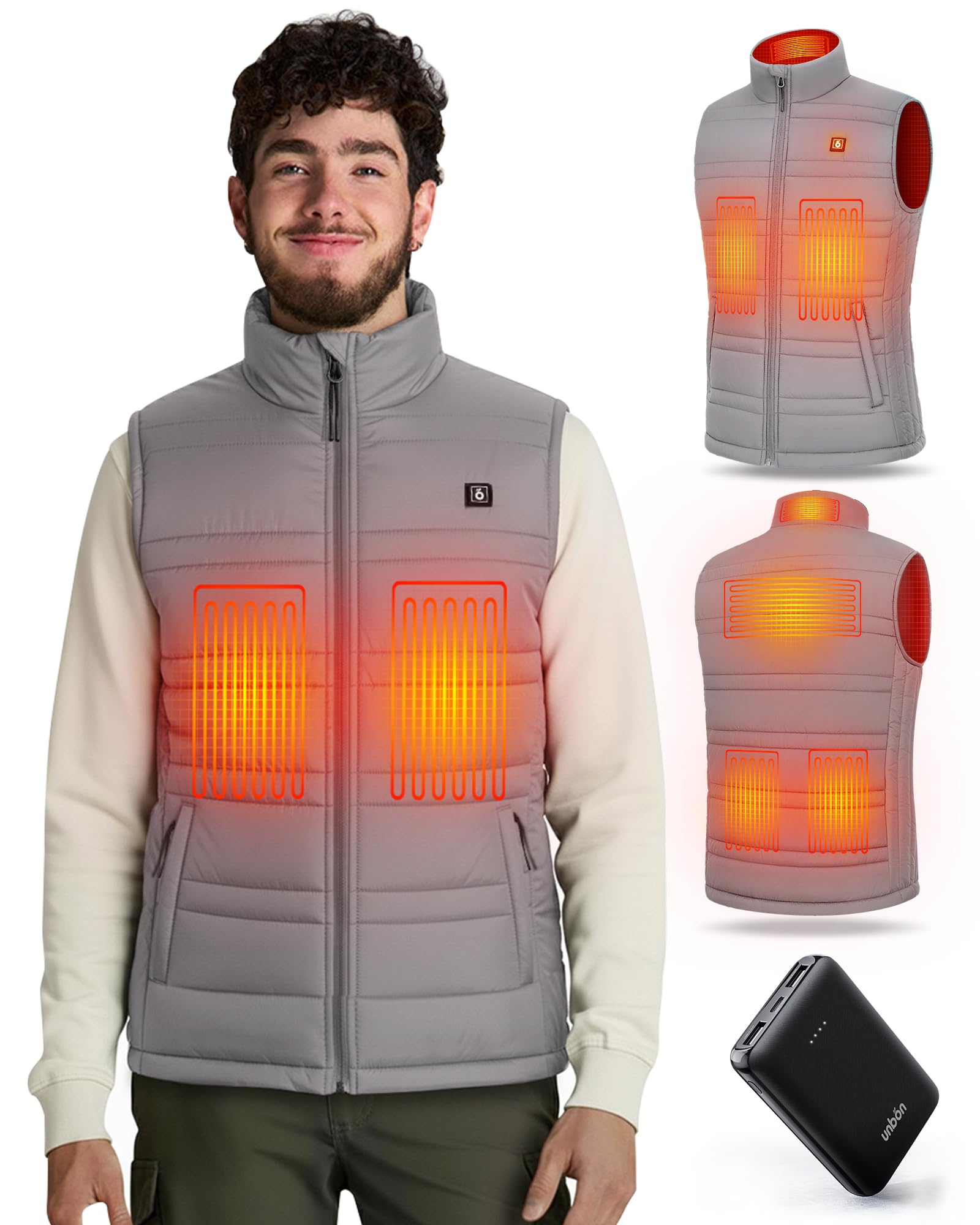 UNBON Chaleco Calefactable Hombre con Batería USB 10000mAh, Chaleco Térmico Eléctrico Calefactor Hombre con 3 Temperaturas 6 Zonas de Calor, Chaqueta Calefactable para Moto Caza Trabajo