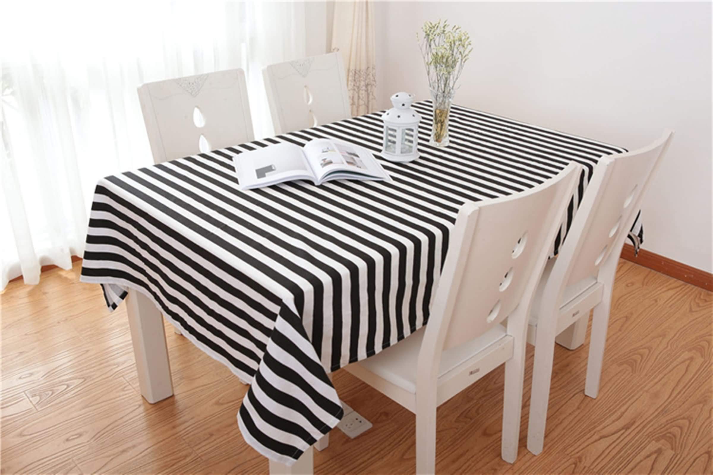 Mantel Mesa Rectangular Negro Blanco, Rayas, de Algodón Lavable, 100 x 160 cm, Mantel para Comedor