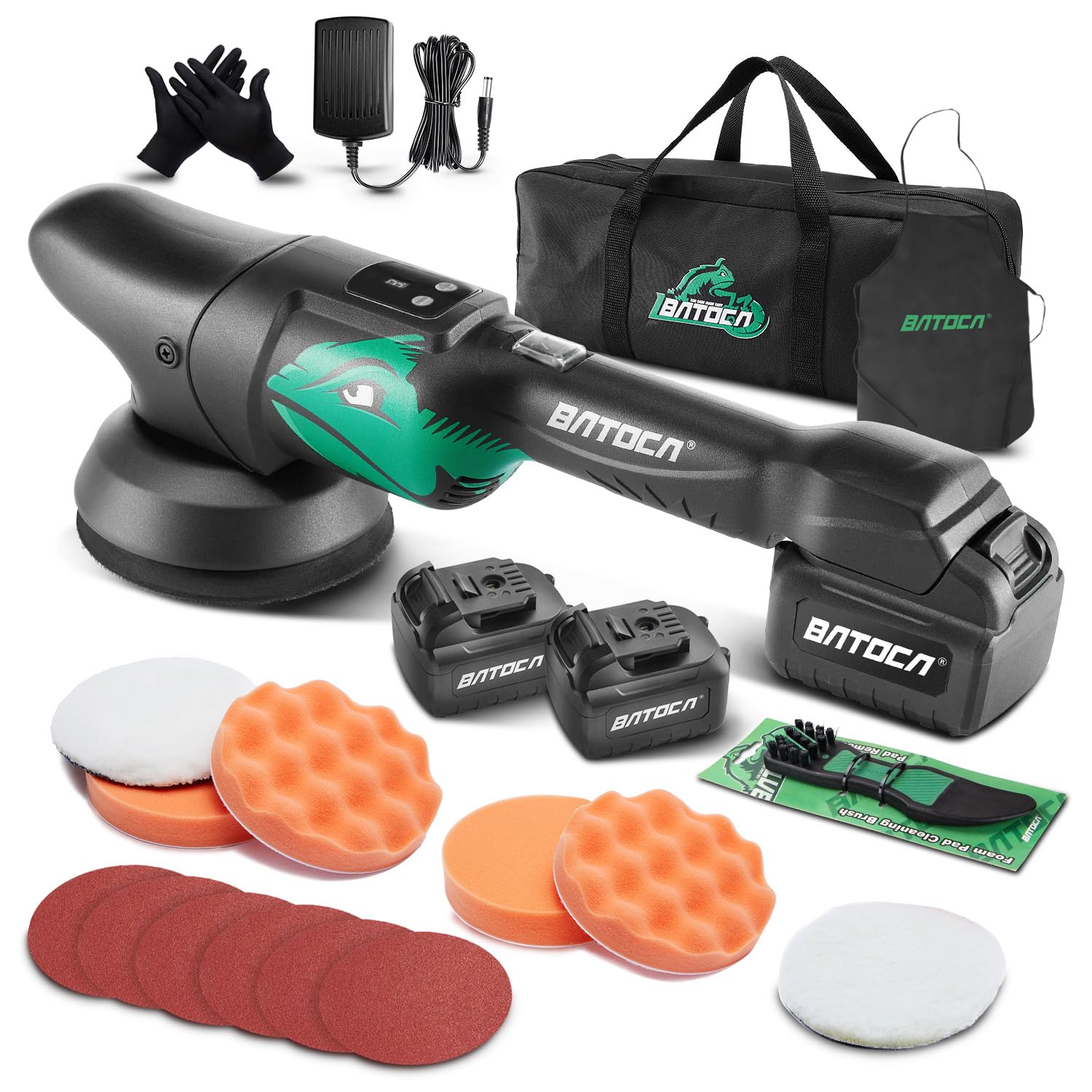 BATOCA Akku Exzenter Poliermaschine, 21V Auto Poliermaschine,Akku-Puffer/Kabellos Polier Maschine mit 125mm Polierschwamm/Pad,Wollscheibe,Schleifmaschine Poliermaschine von Autos,Motorrädern,Booten