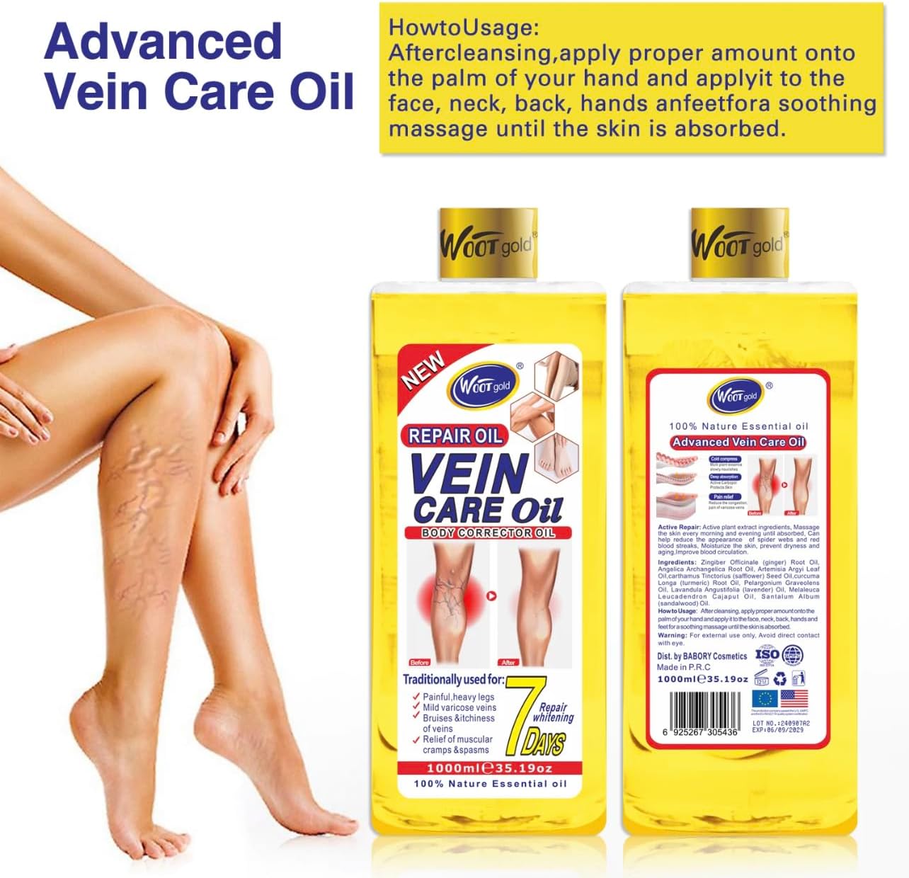 Vein Care Oil, Repair Oil for Painful Heavy Legs, Mild Varicose Veins, Bruises, Itchiness, Cramps, 35.19 oz