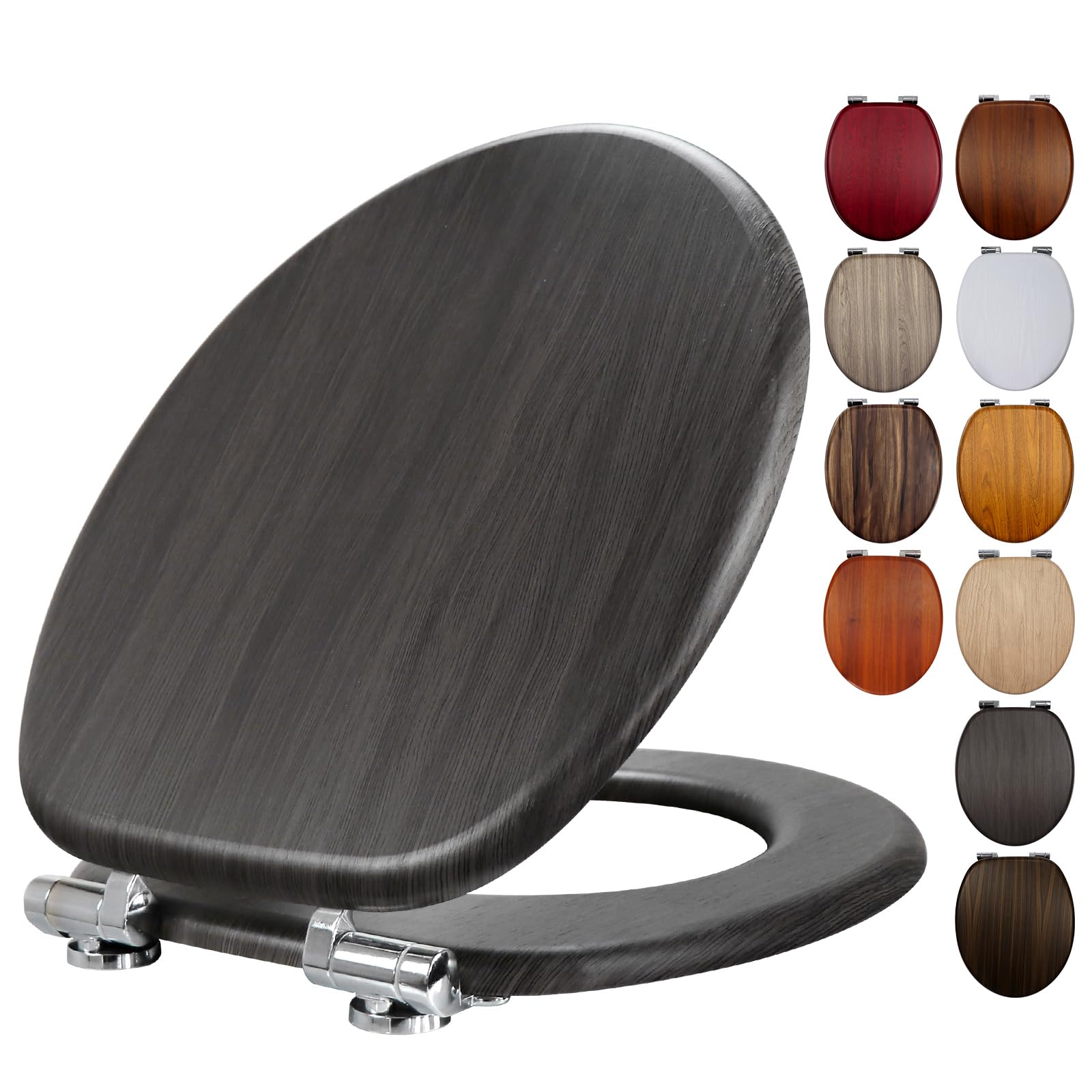 Grey Wood Toilet Seat, Wooden Soft Close Toilet Seat with Adjustable Solid Zinc Alloy Hinges, Bottom Fixings, Easy to Clean and Install- 18 Inch (JHE151-3A-01)