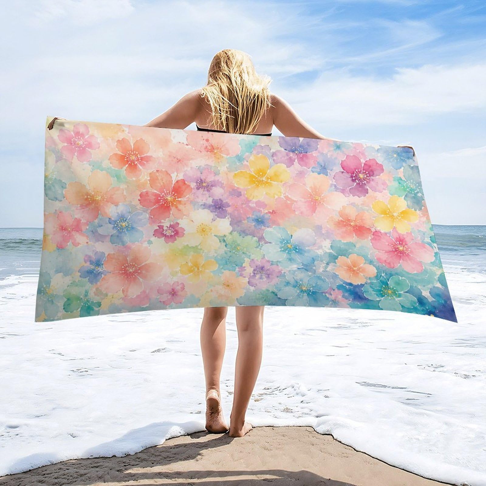 Anceky Watercolor Floral Beach Towel 32"×63",Soft Microfiber Bath Towel Shawl, Quick Dry Absorbent Pool Spa Gym Shower Towel